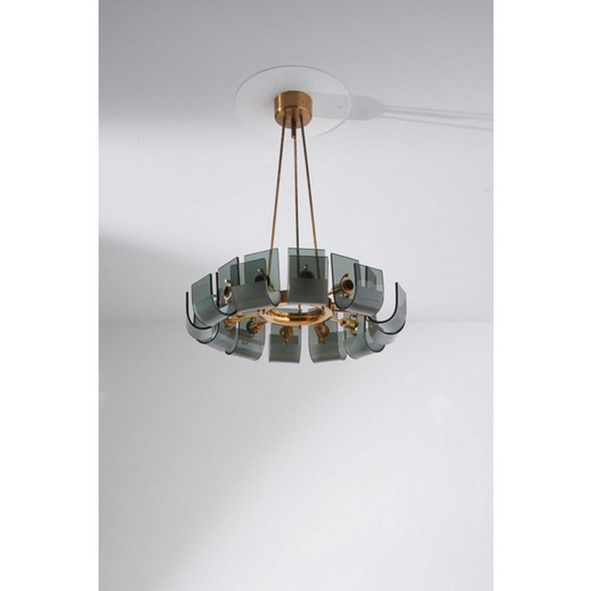 Italian Mid-Century Modern Curved Glass and Brass Ceiling Lamp by Gino Paroldo