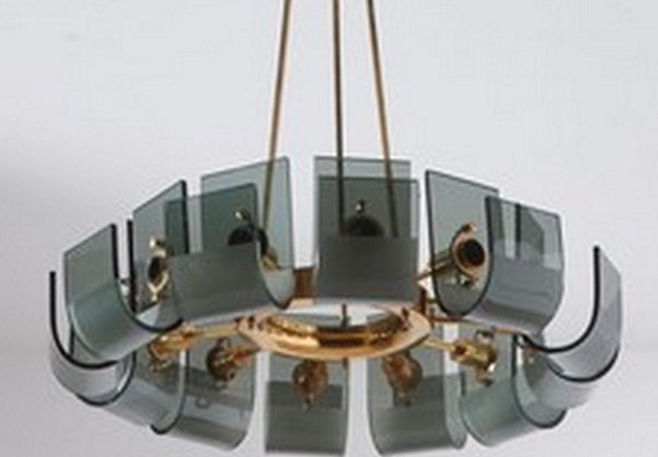 Mid-Century Modern Curved Glass and Brass Ceiling Lamp by Gino Paroldo In Good Condition In London, GB