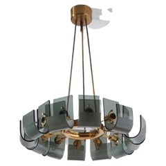 Mid-Century Modern Curved Glass and Brass Ceiling Lamp by Gino Paroldo