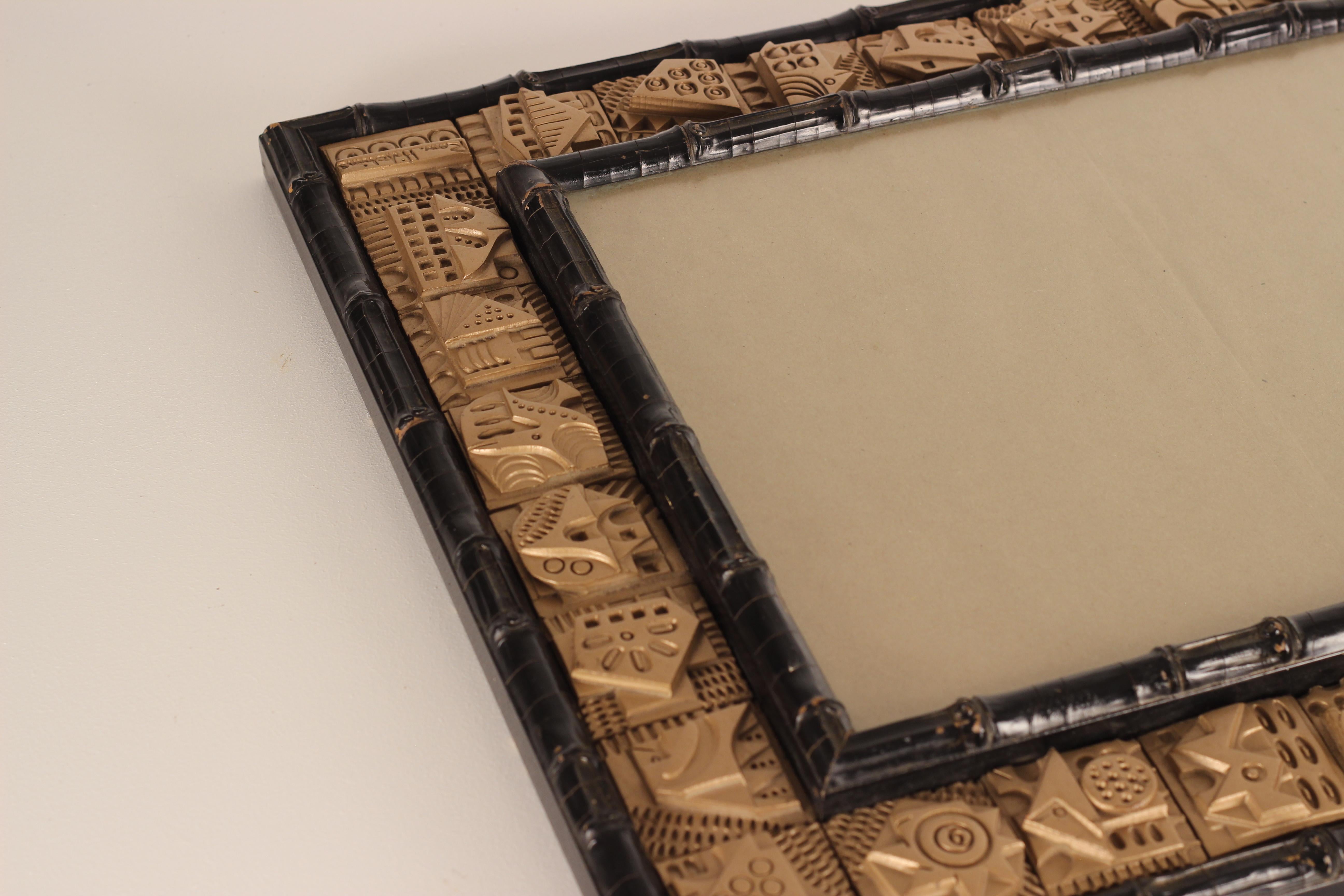 English Mid-Century Modern Faux Bamboo Frame with Relief Tile Border by Ron Hitchins 