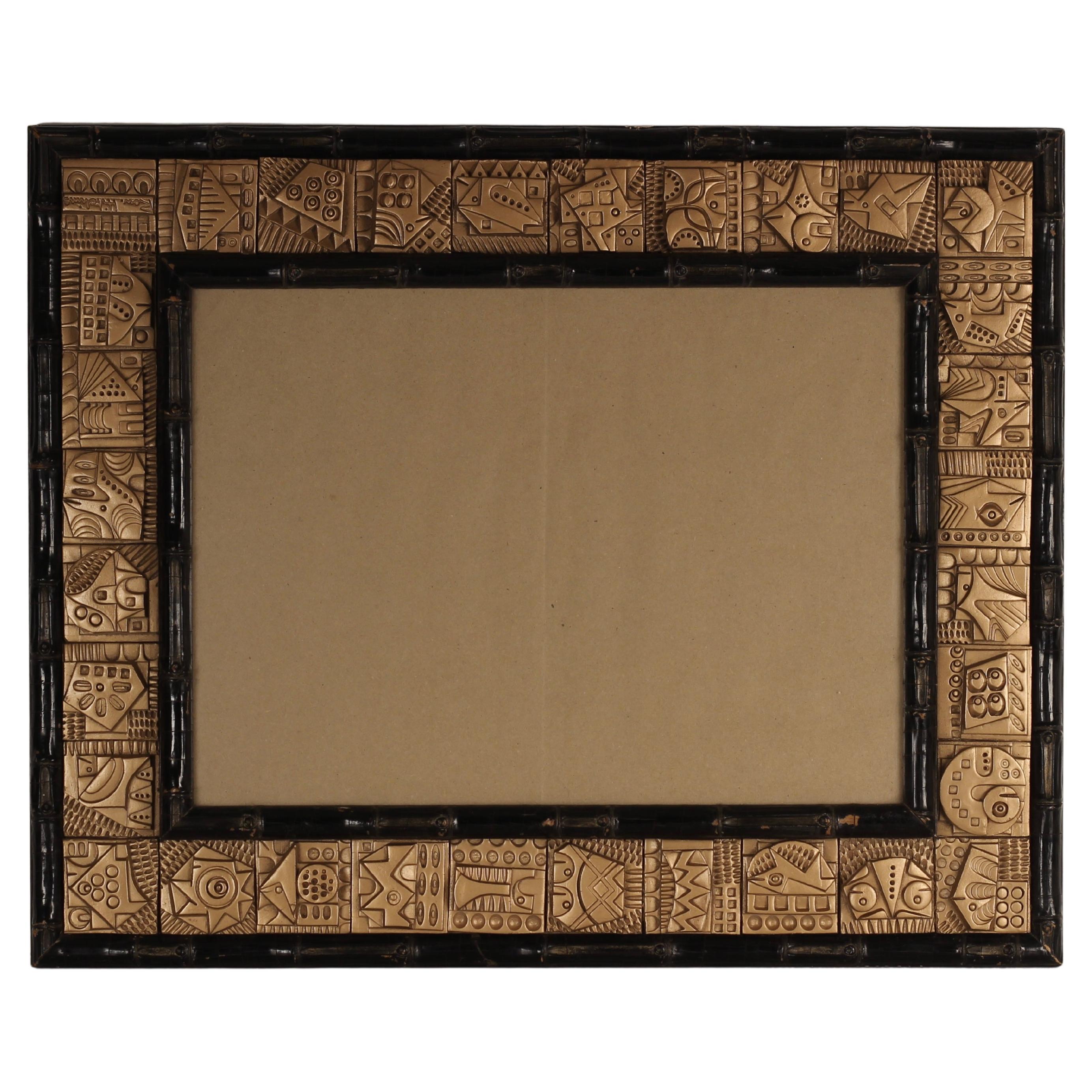 Mid-Century Modern Faux Bamboo Frame with Relief Tile Border by Ron Hitchins 
