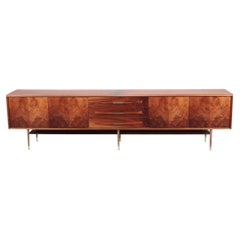 Mid-Century Modern Flame Walnut Sideboard Having Bronze Trim and Feet, C 1960. 