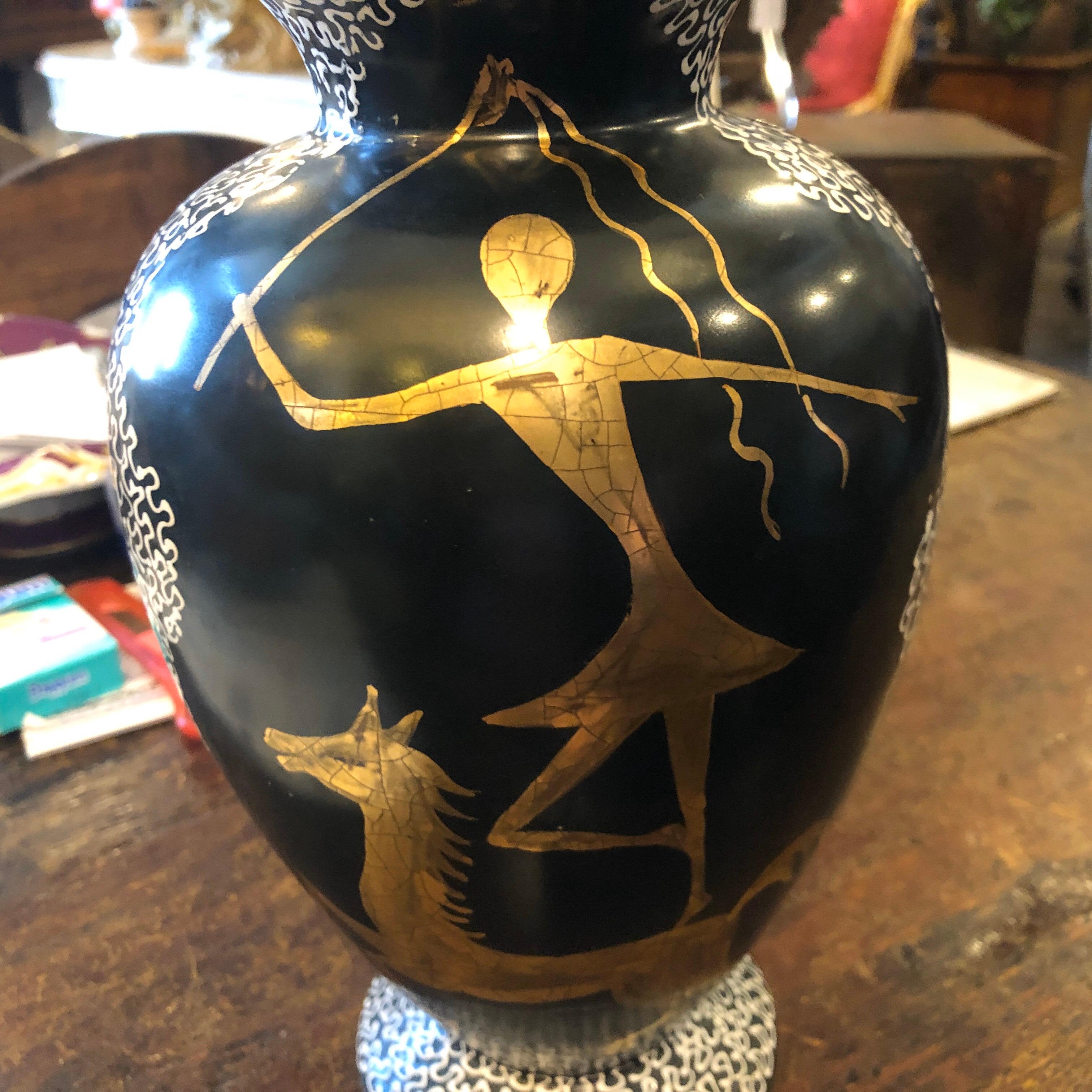 Mid-Century Modern Hand Painted Black and Gold Ceramic Italian Vase, circa 1960 5