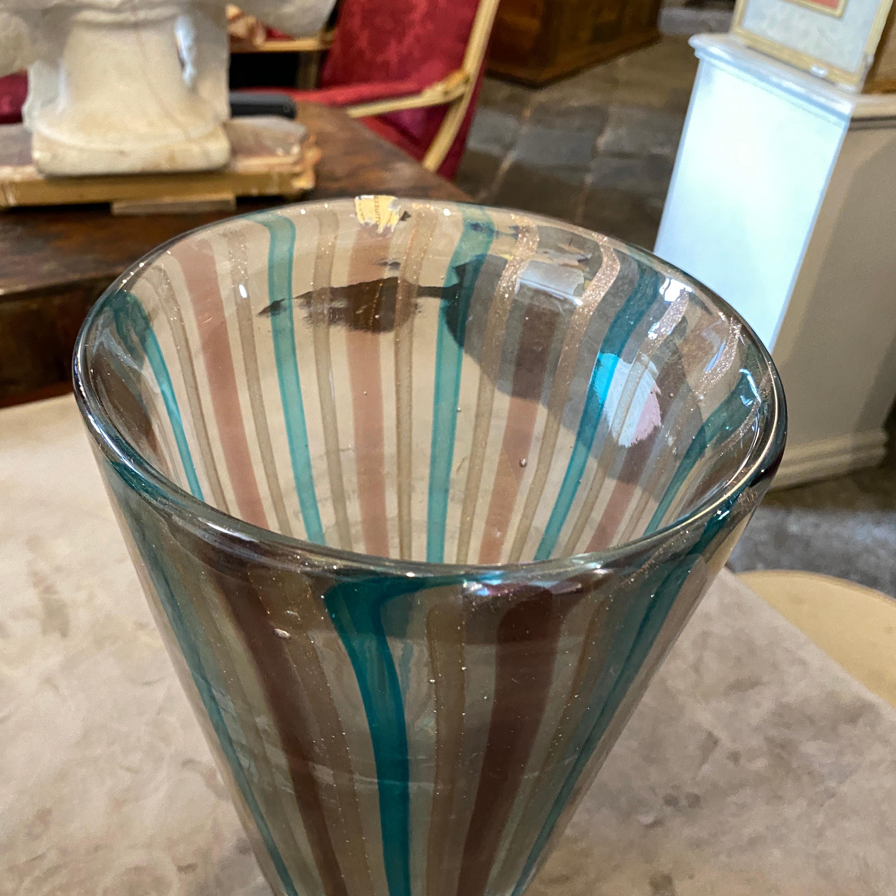 A blue, brown and gold inside Murano glass vase made in the Seventies in the style of Fulvio Bianconi.