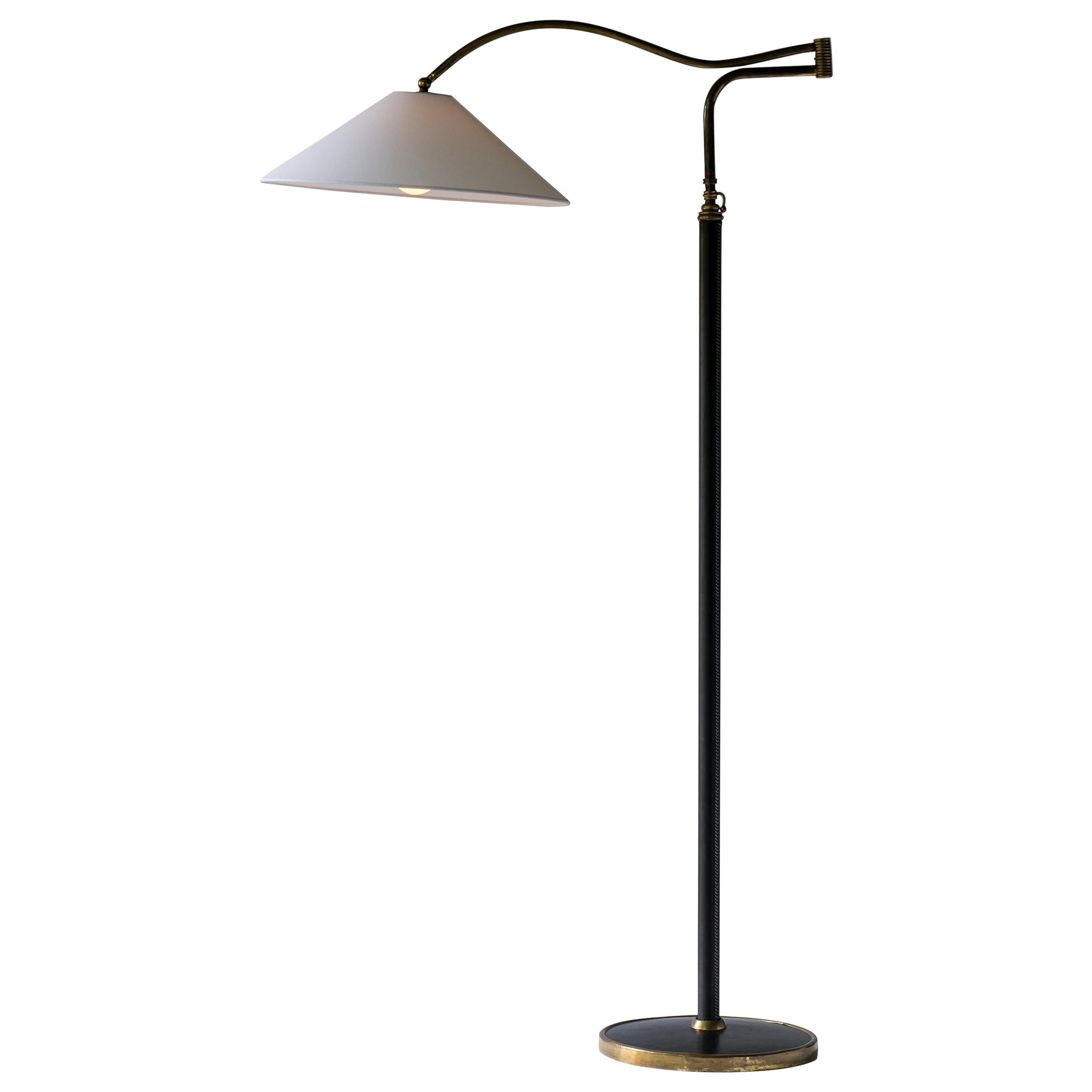 Mid-Century Modern Italian Floor Lamp In Brass, Black Leather and White Linen