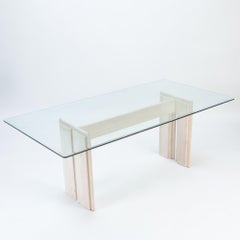 Mid-Century Modern Italian Travertine Console Pedestal Table with Glass Top