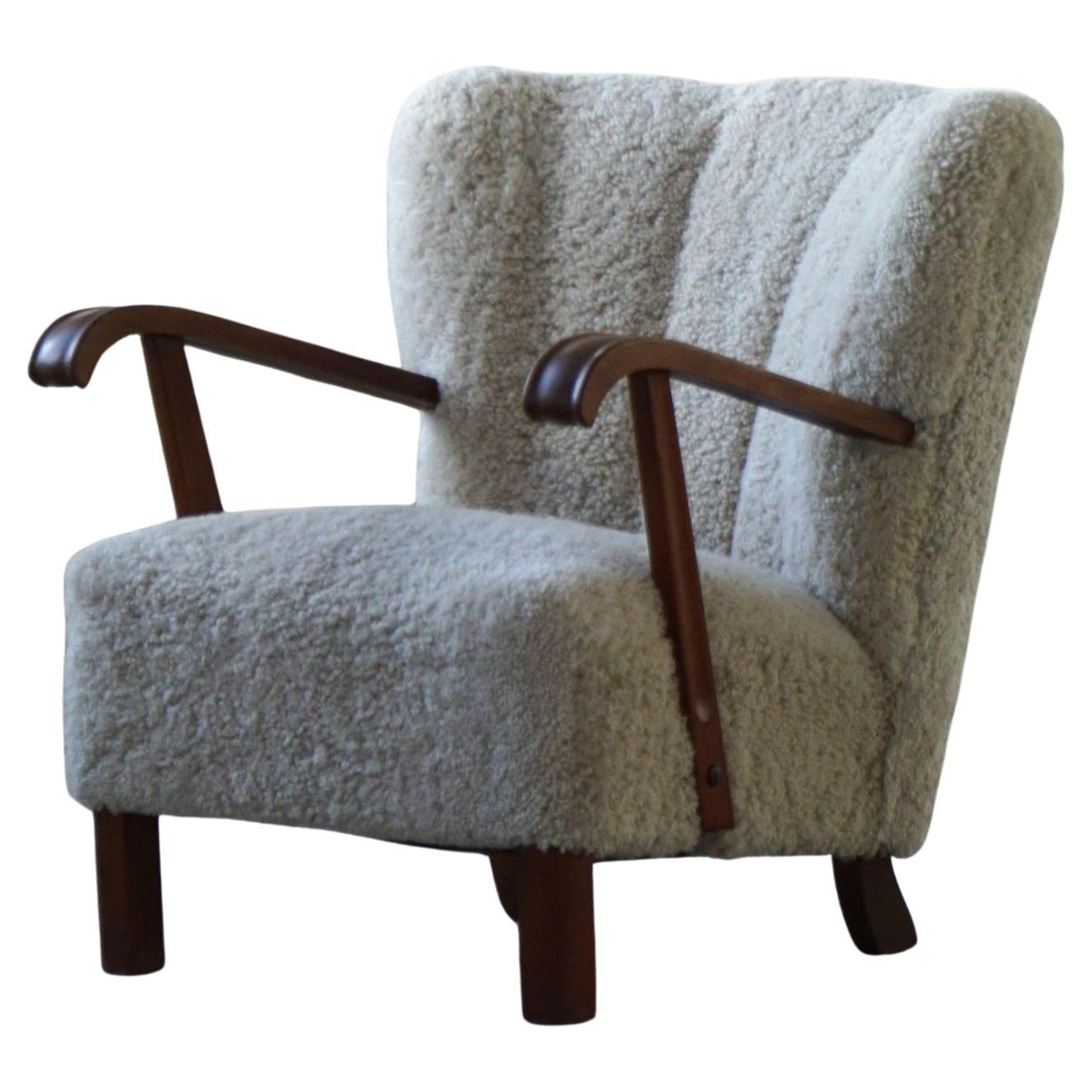 Sedia da salotto in Oak e lana d'agnello della metà del secolo scorso, Danimarca, anni '50