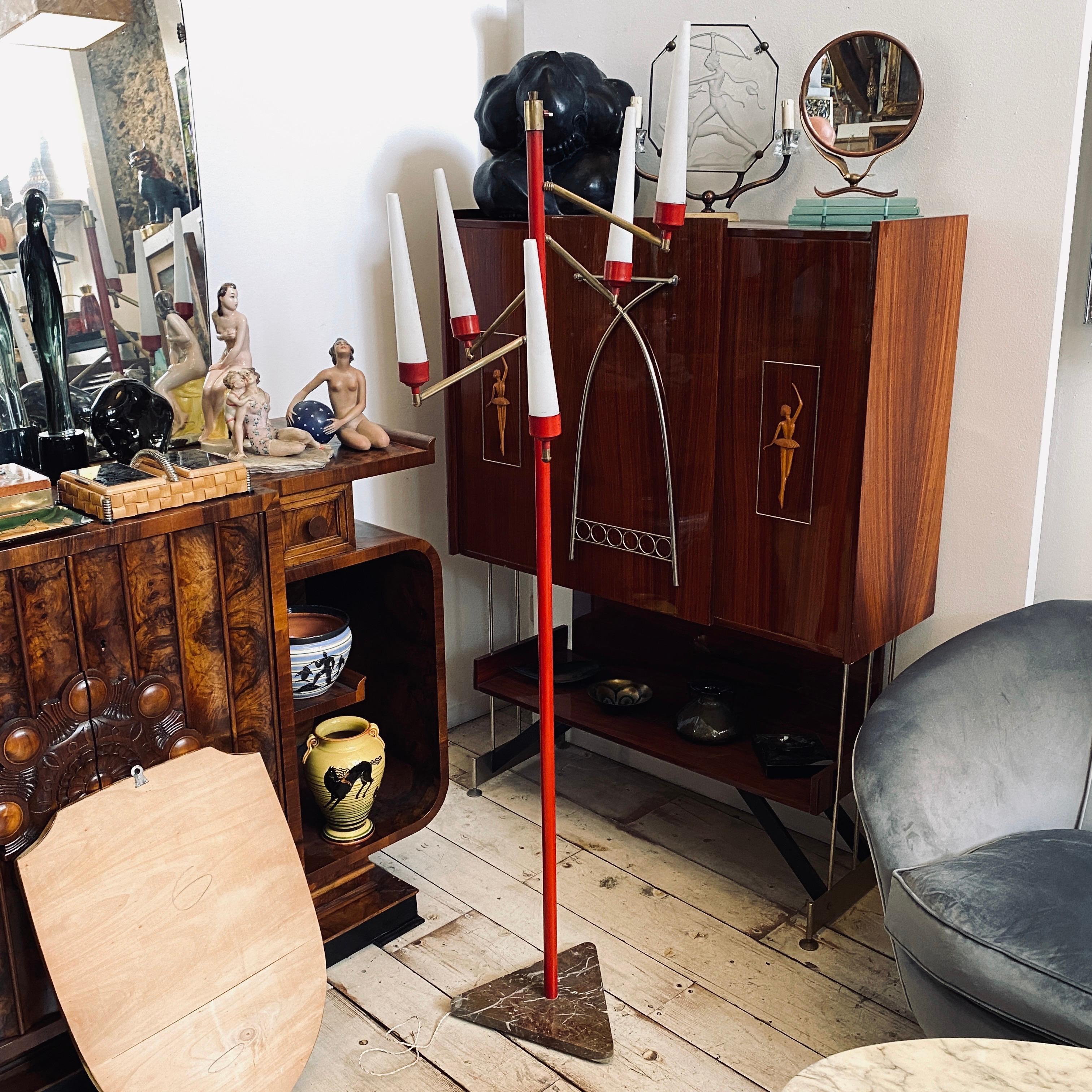 A rare red floor lamp made in Italy in the 1950s, original Italian marble, brass is in original patina and five white glass are in perfect conditions. It works 110-240 volts and needs regular e27 bulbs.