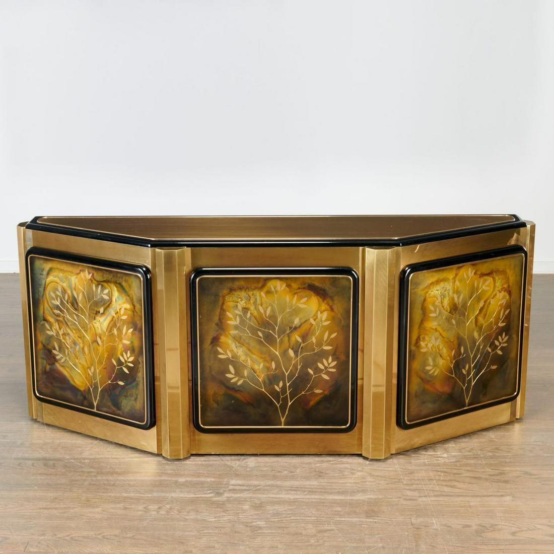 A Mid-Century Modern Mastercraft Tree of Life Console or sideboard by Bernhard Rhone for Mastercraft, sideboard, 1970s, American, the triangular polished brass-clad cabinet with acid etched and patinated bronze and black lacquer doors. This is one