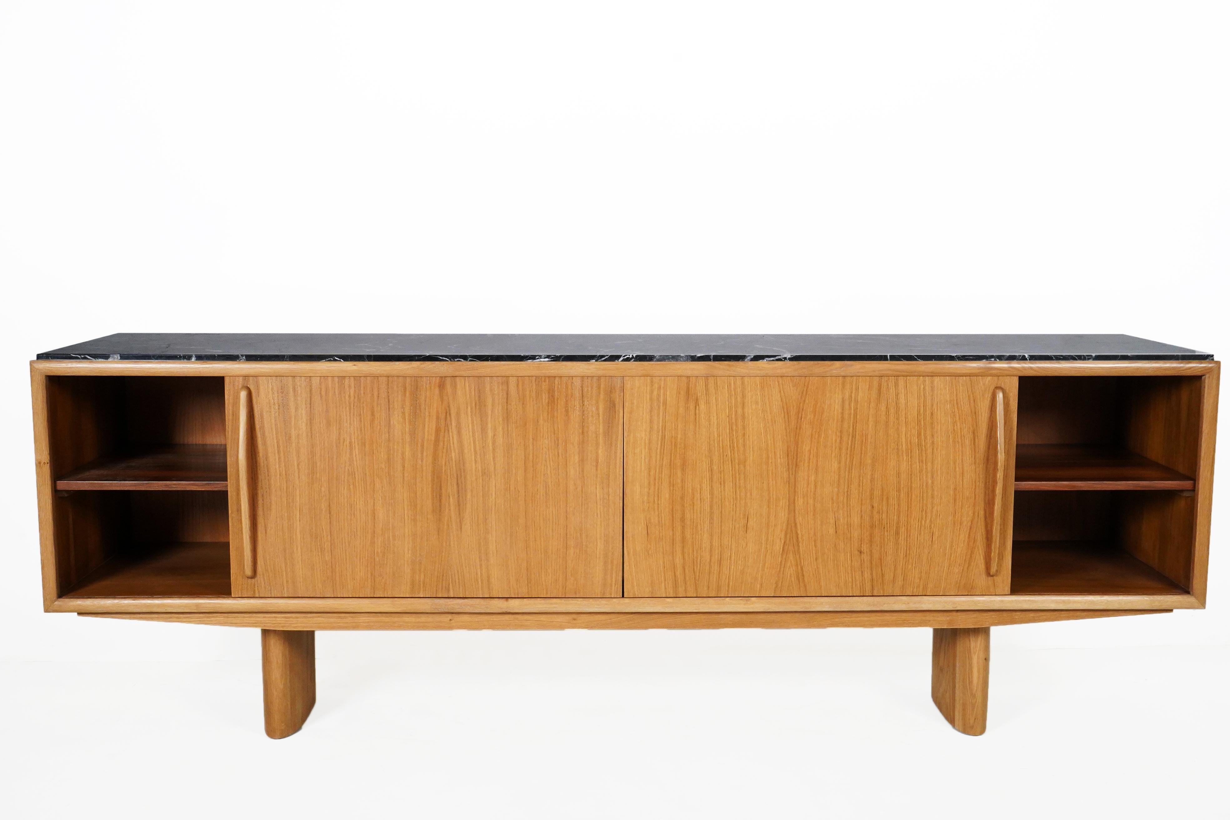 Hungarian Mid-Century Modern Oak Sideboard with 2 Sliding Doors and 3 Drawers For Sale