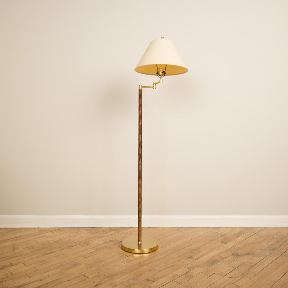 North American Mid-Century Modern Rattan and Brass Floor Lamp, circa 1950