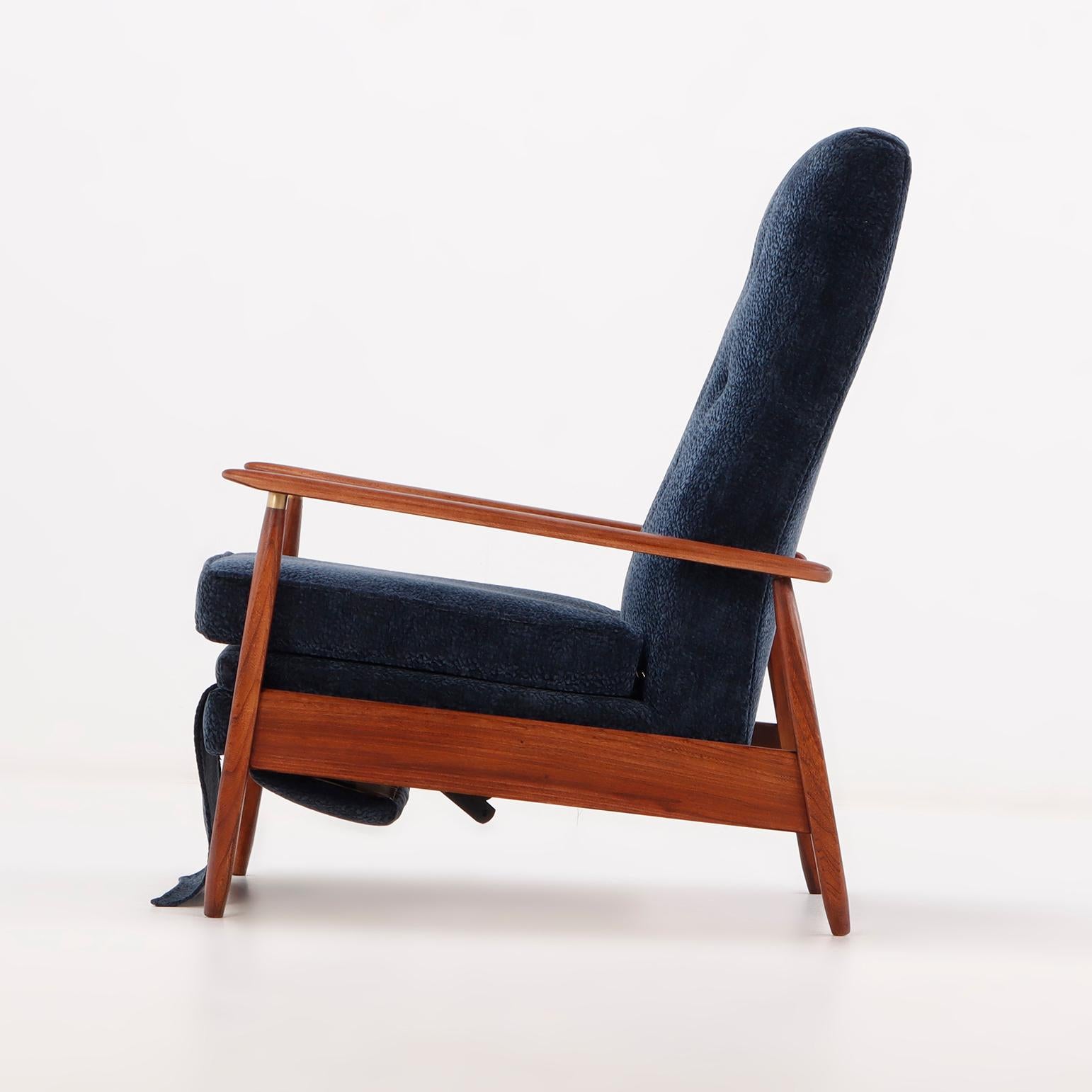 Mid-Century Modern A mid century modern upholstered Milo Baughman model #74 walnut reclining chair. For Sale