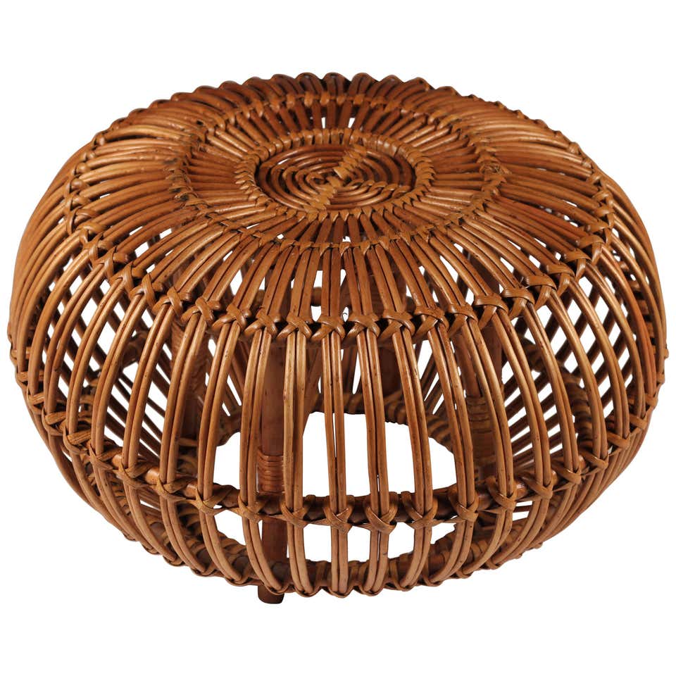 Round Rattan Pouf Table East Hampton Mid-Century Modern Wicker Rattan Round Ottoman Pouf at 1stDibs