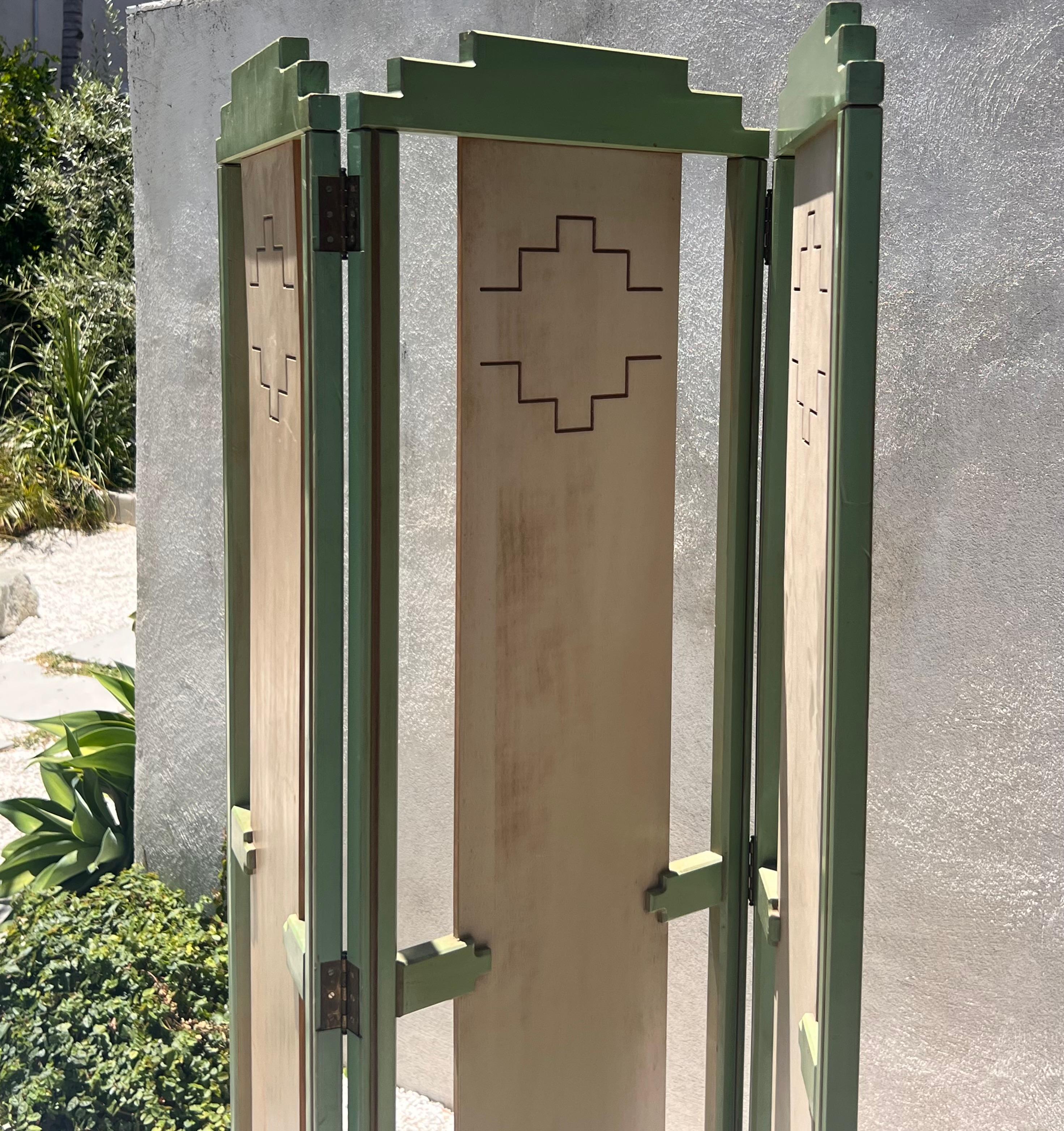 A mid century painted room wood divider in pistachio and cream, circa 1950 5