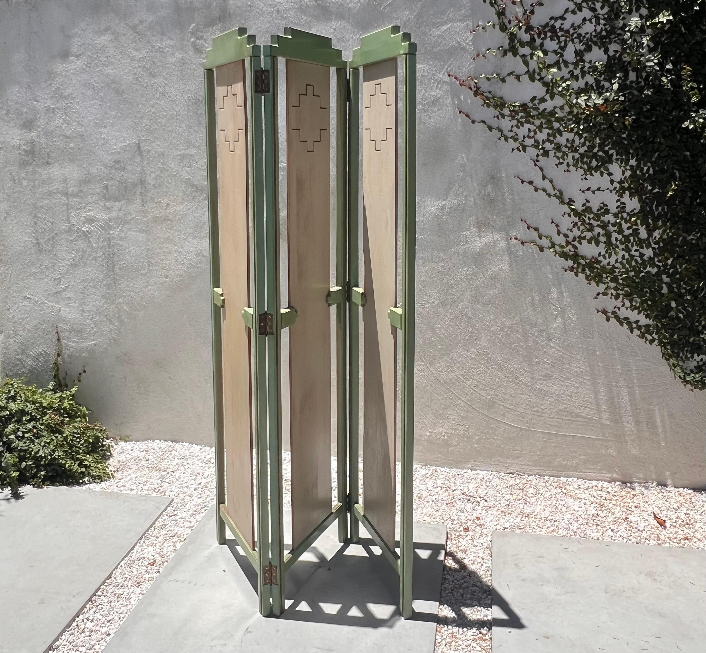A mid century painted room wood divider in pistachio and cream, circa 1950 6