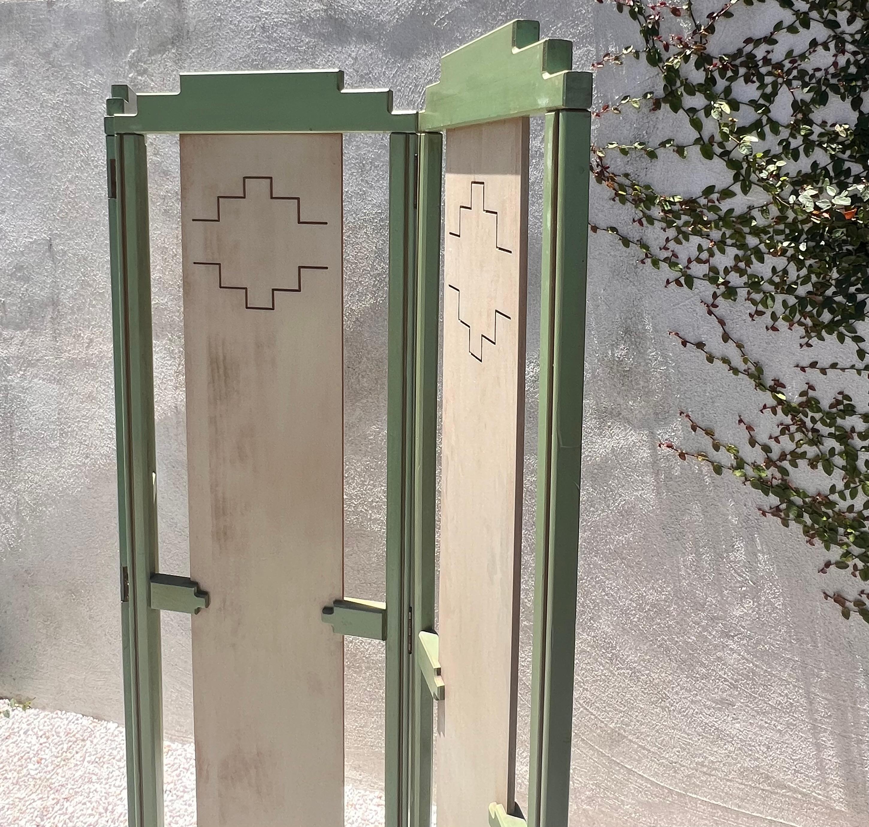 A mid century painted room wood divider in pistachio and cream, circa 1950 7