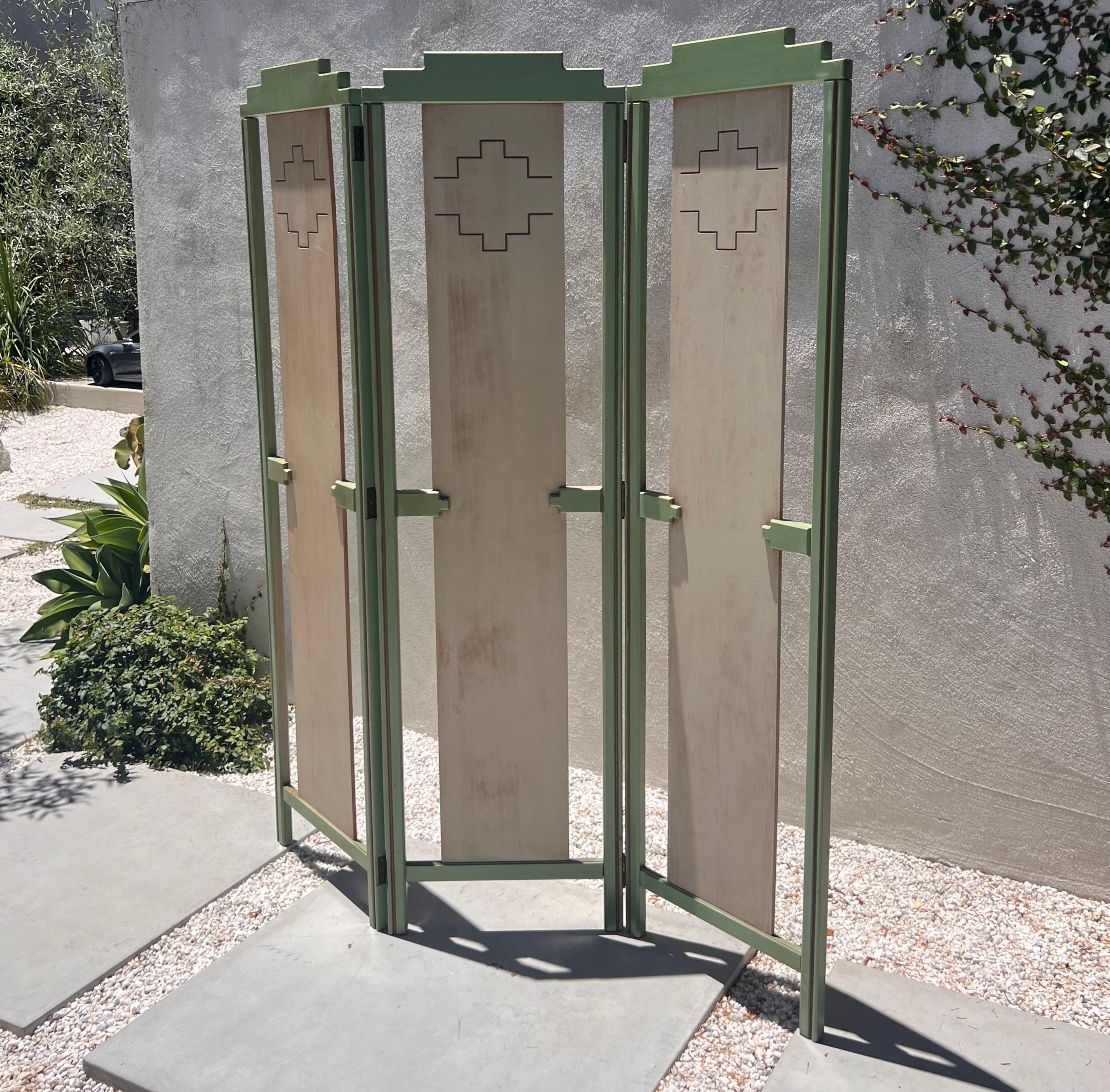 A mid century painted room wood divider in pistachio and cream, circa 1950 8