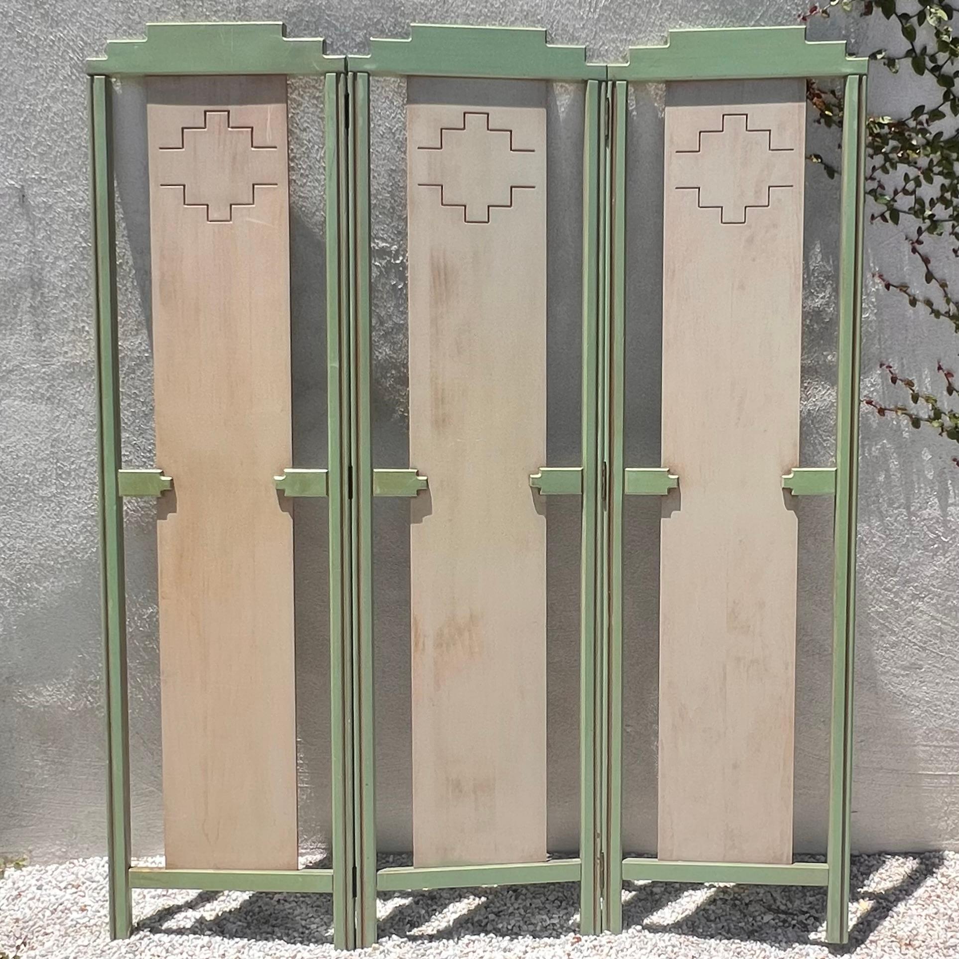 A mid century painted room wood divider in pistachio and cream, circa 1950 9