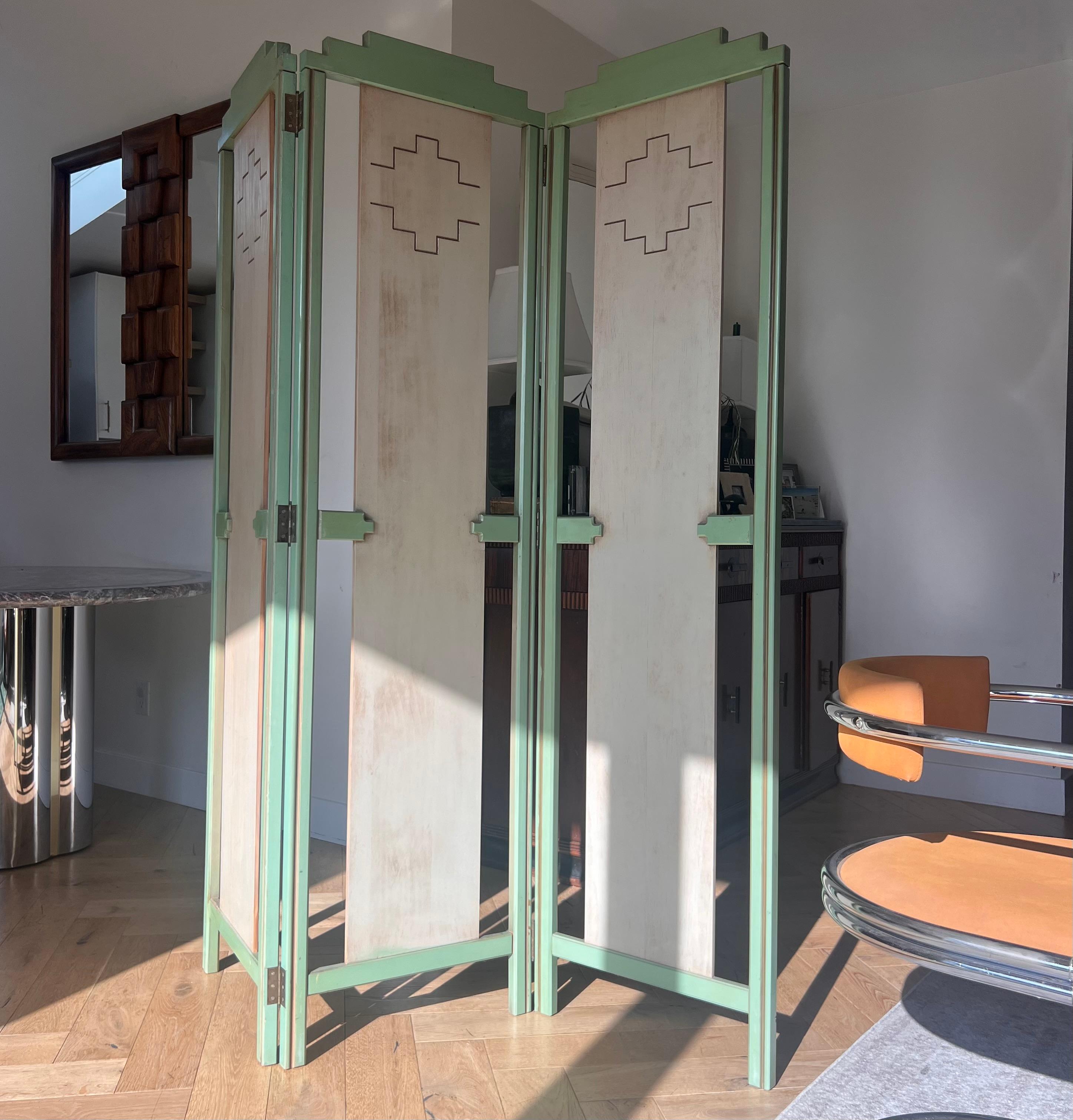 A mid century painted room wood divider in pistachio and cream, circa 1950 10