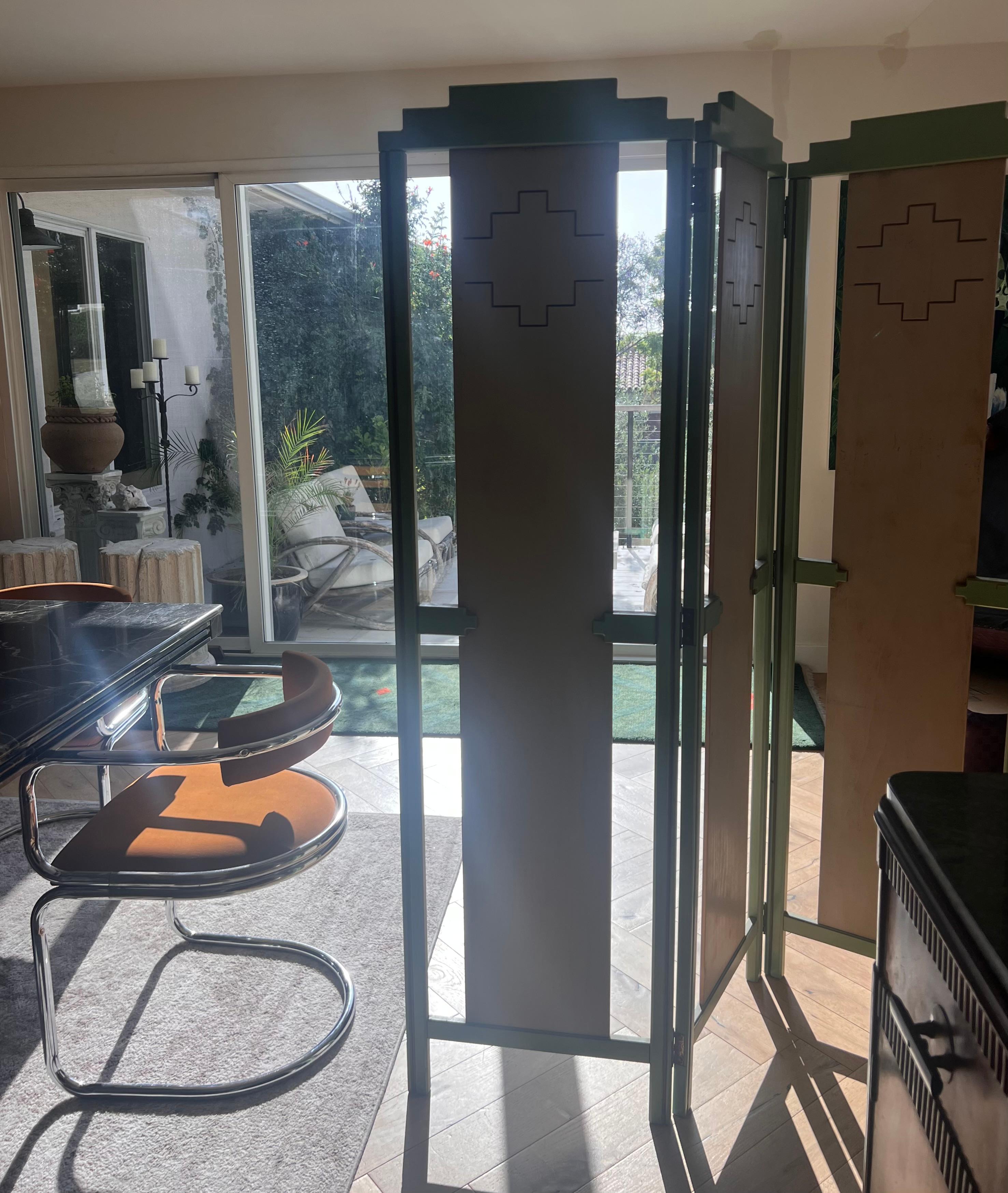 A mid century painted room wood divider in pistachio and cream, circa 1950 11