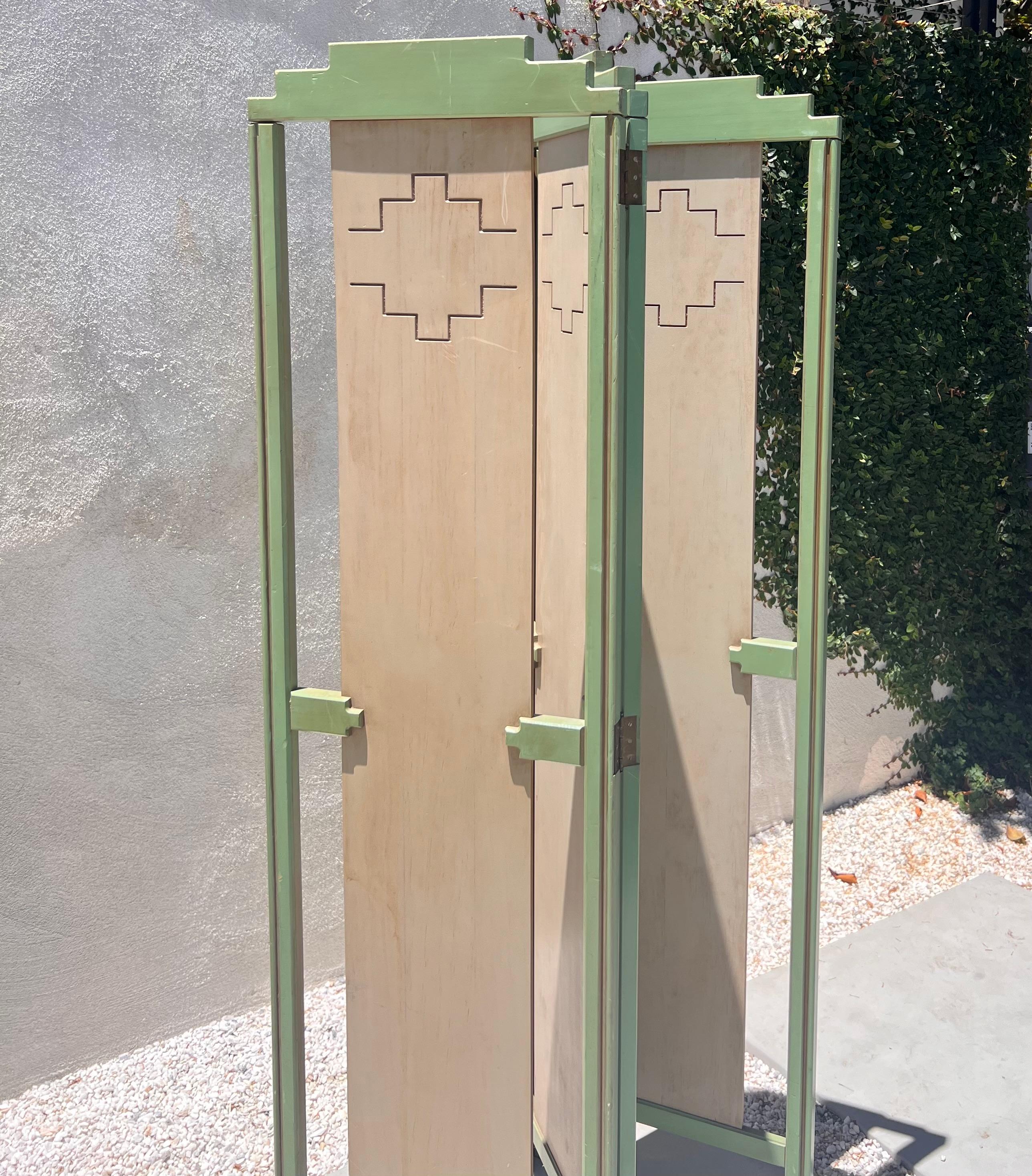 A mid century painted room wood divider in pistachio and cream, circa 1950 13