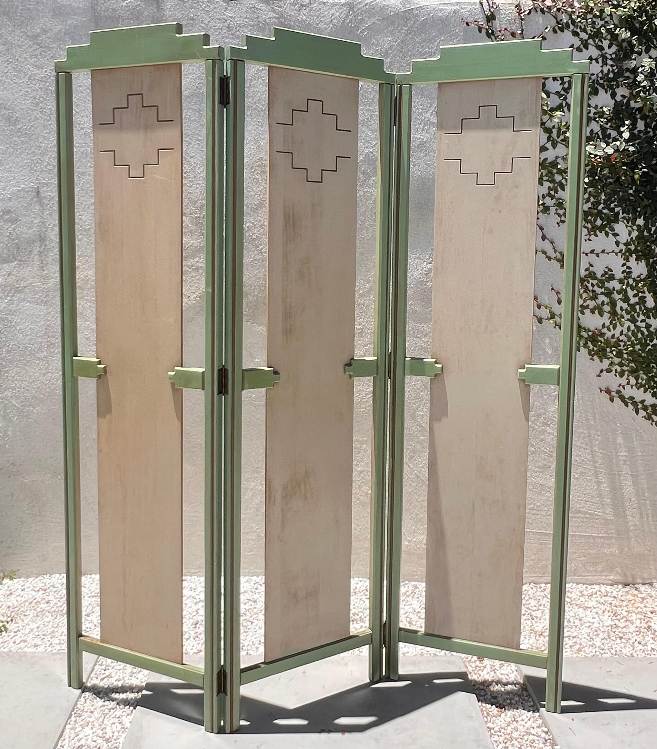 A mid century painted room wood divider in pistachio and cream, circa 1950 In Good Condition In View Park, CA