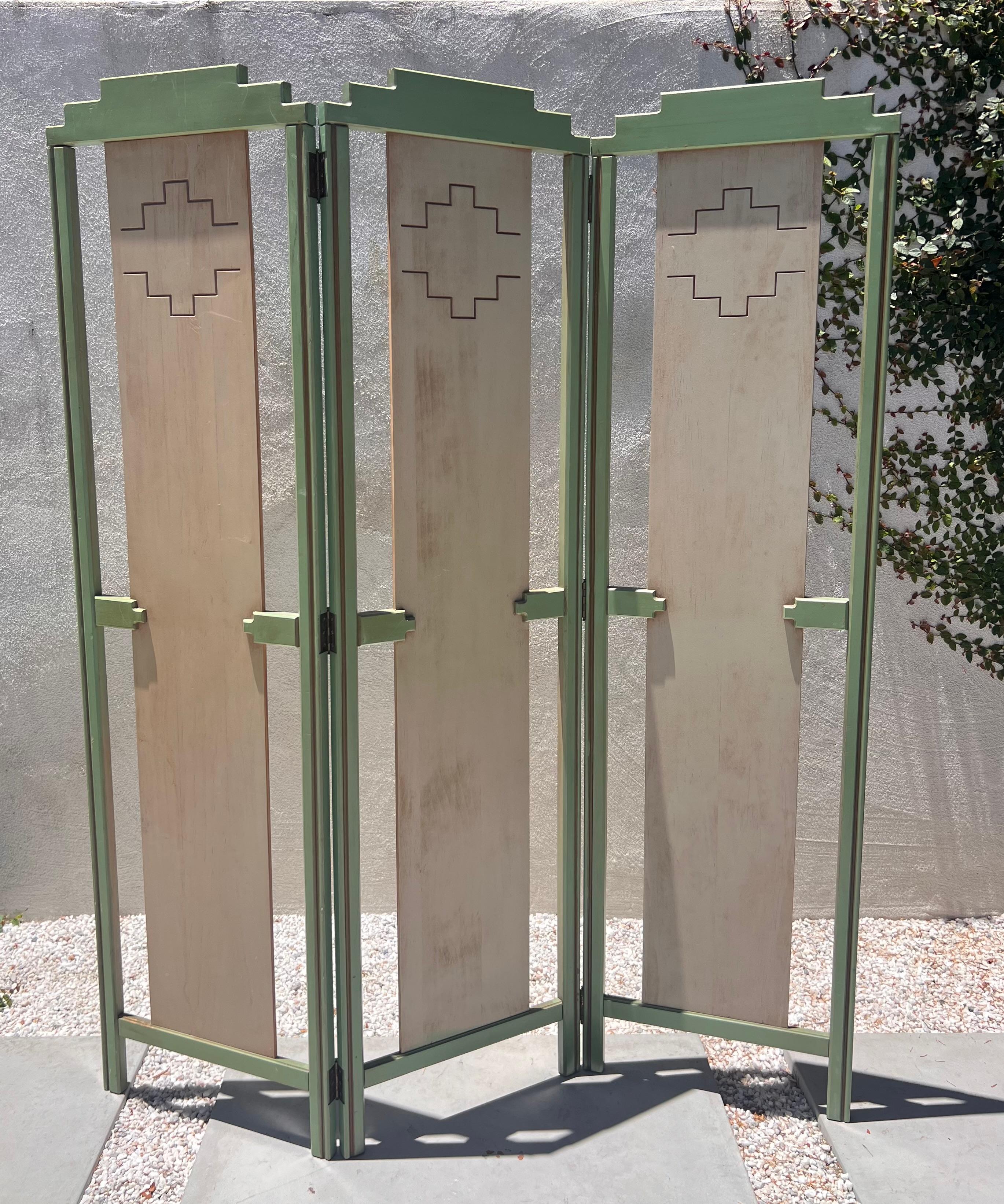A mid century painted room wood divider in pistachio and cream, circa 1950 2