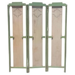 A mid century painted room wood divider in pistachio and cream, circa 1950