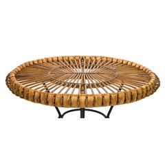 Midcentury Rattan Side Table on a Painted Black Metal Tripod Base