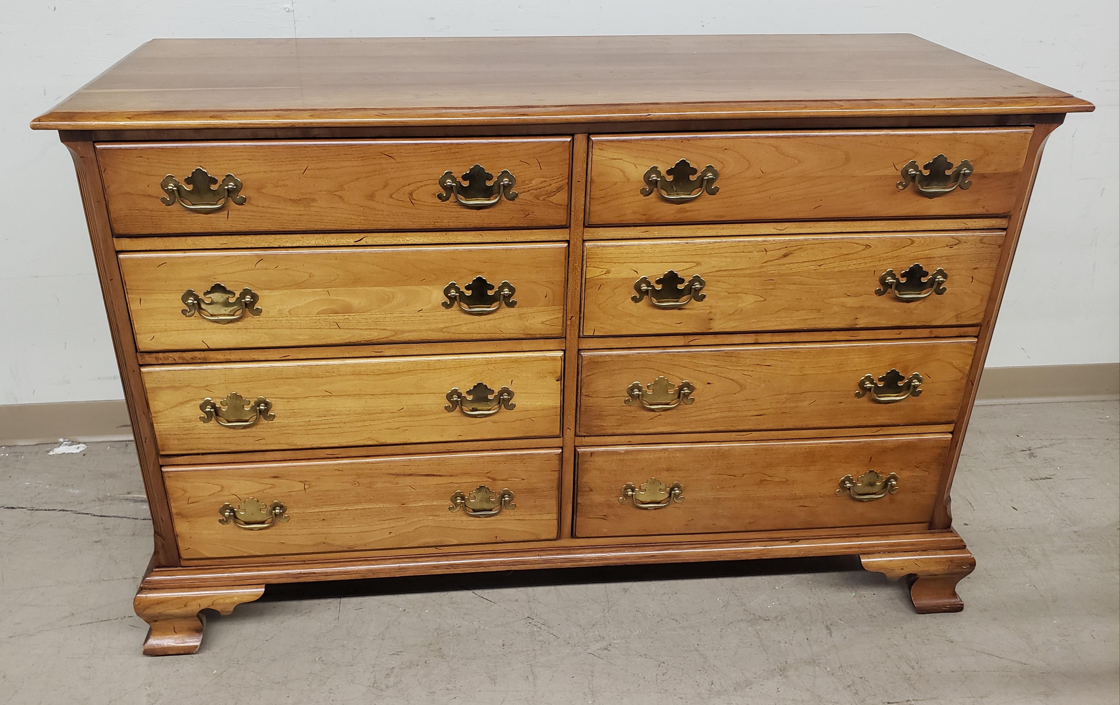 Brass Midcentury Refinished Chippendale 9-Drawer Light Wild Cherry Chest of Drawers For Sale