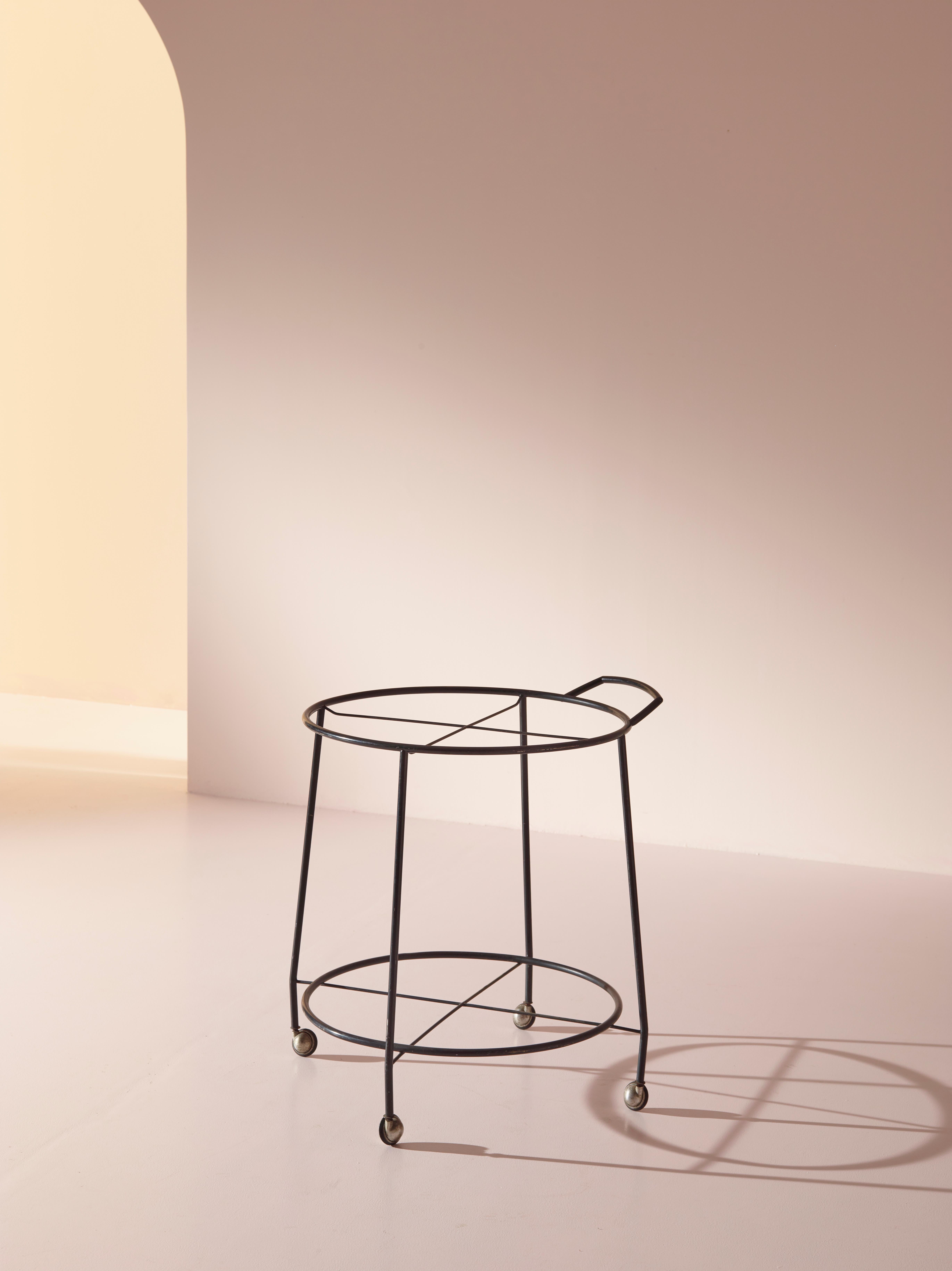 Iron Midcentury Serving Cart with Wheels and Teak Trays, Italy, 1960s