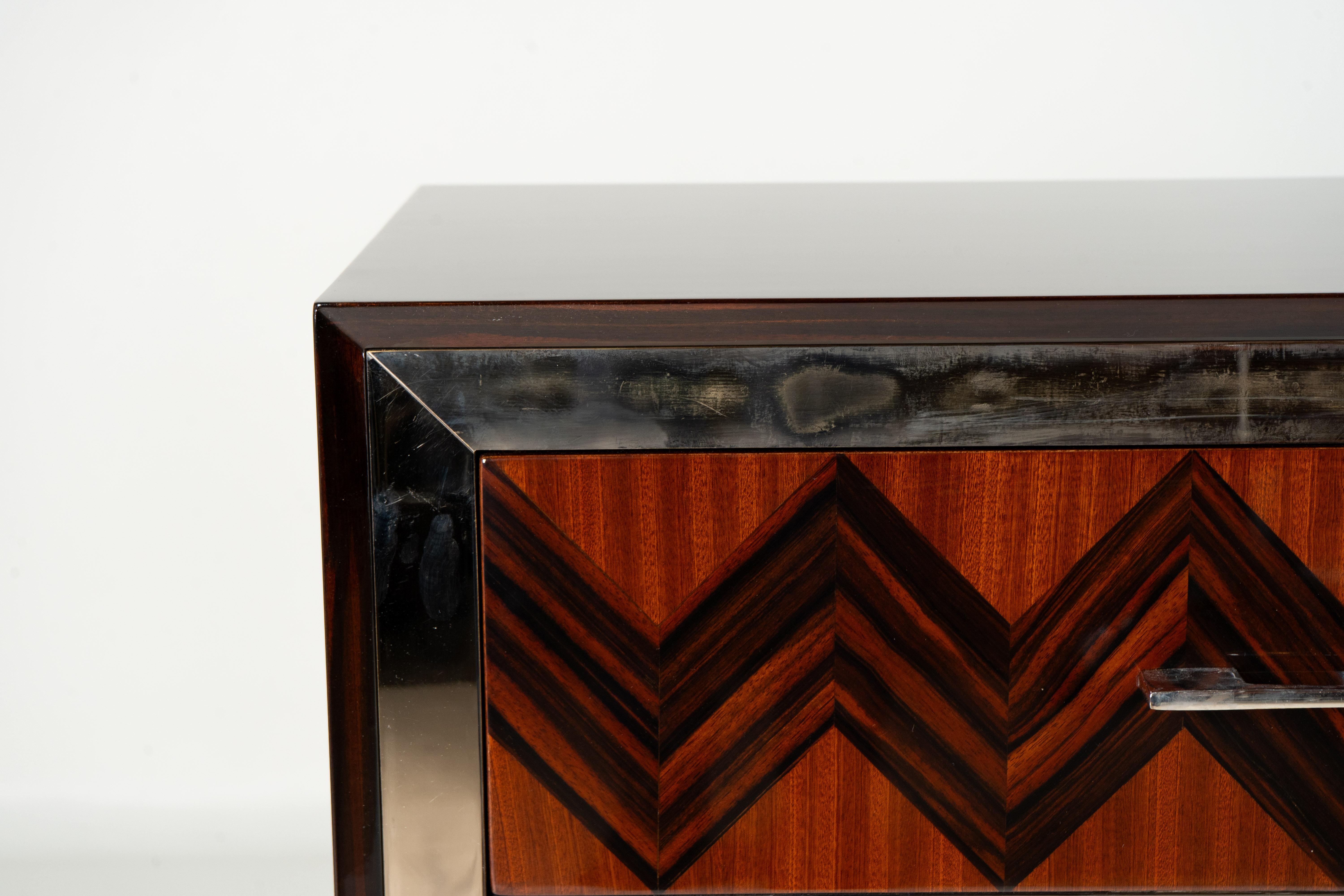 Hungarian A Mid-Century Set of Side Chests with Macassar Veneer and Brass Edge Trim For Sale