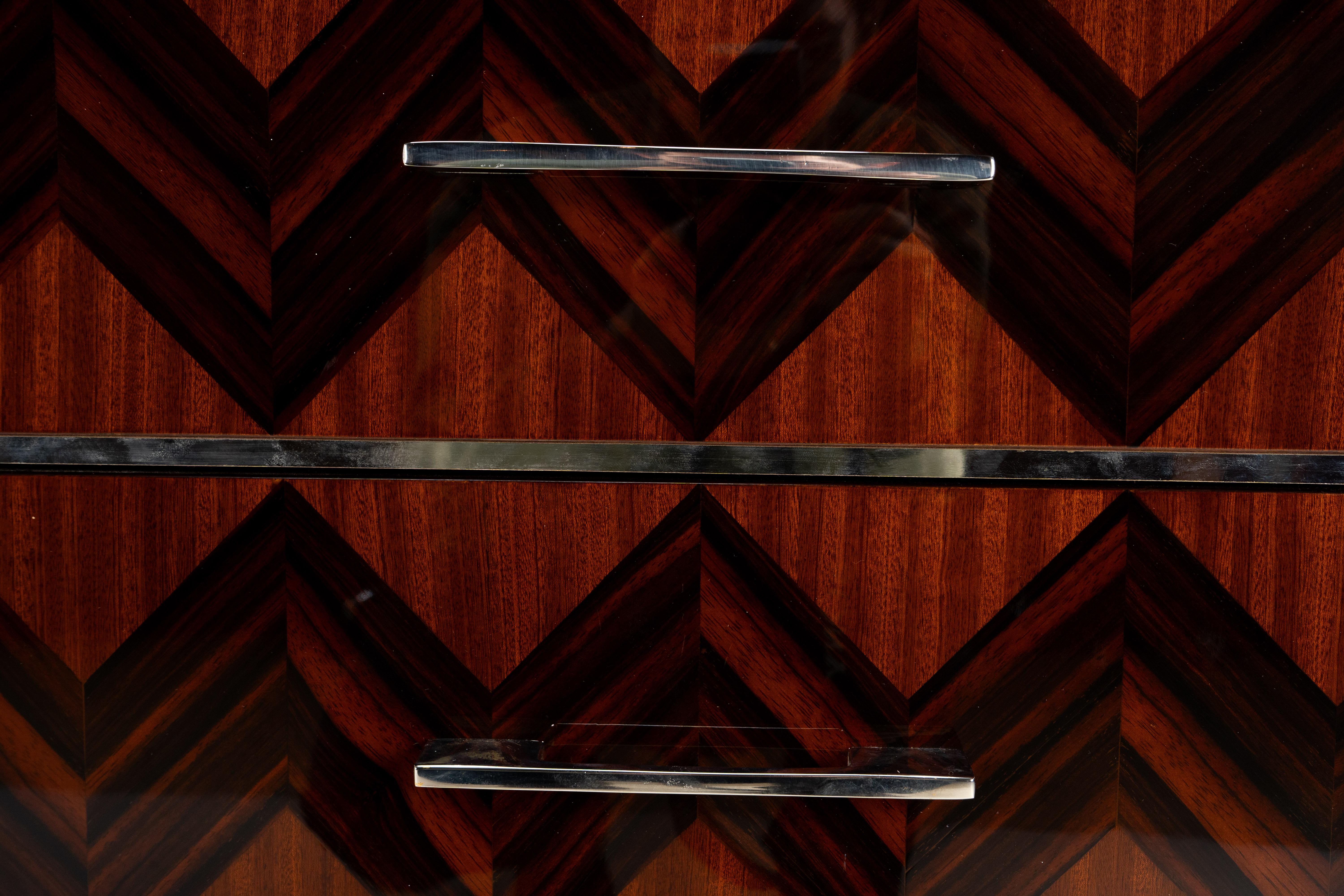 Contemporary A Mid-Century Set of Side Chests with Macassar Veneer and Brass Edge Trim For Sale