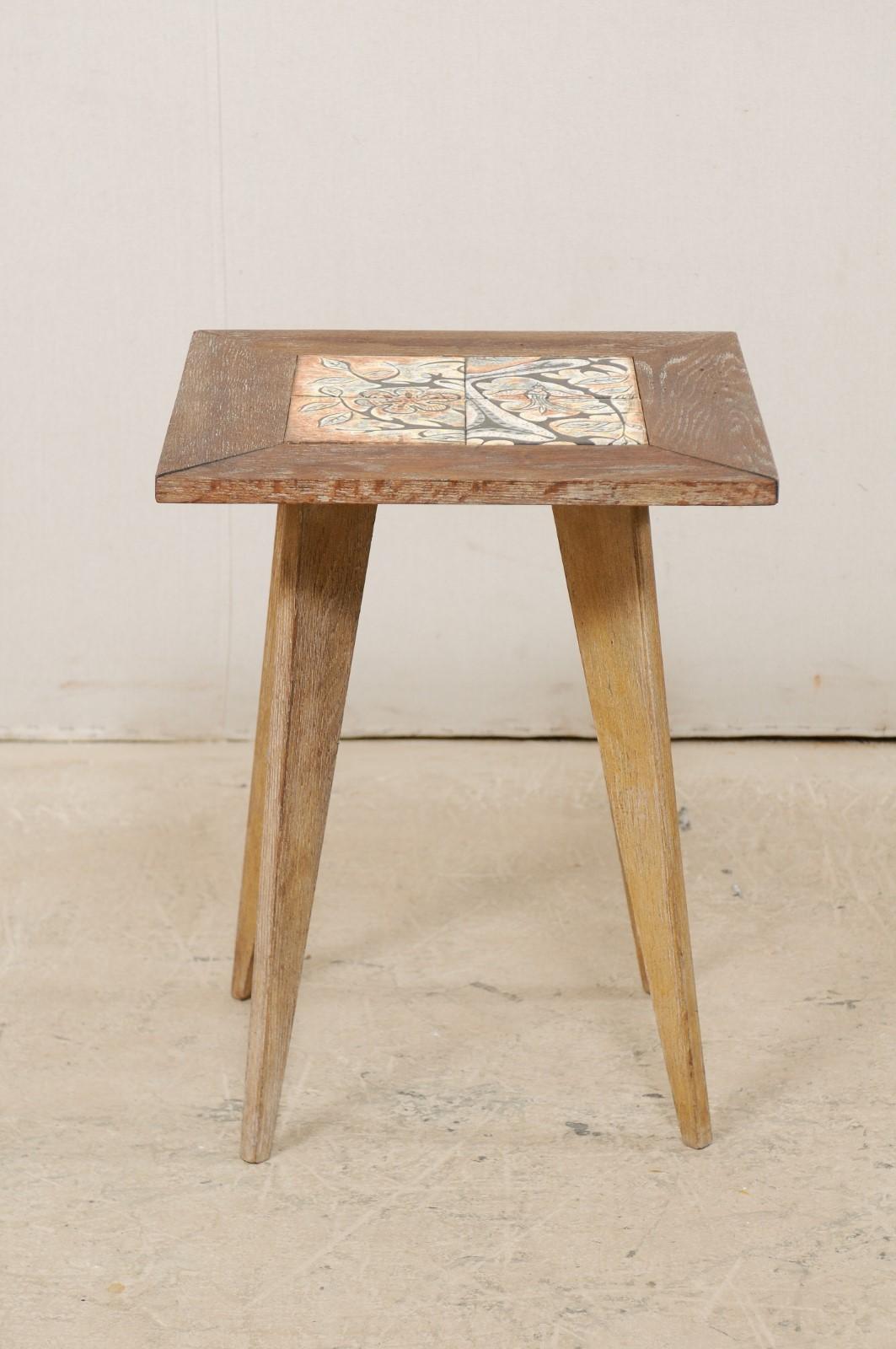 Mid-20th Century Midcentury Side Table with Painted Tile Top Attributed to Anton Refreiger