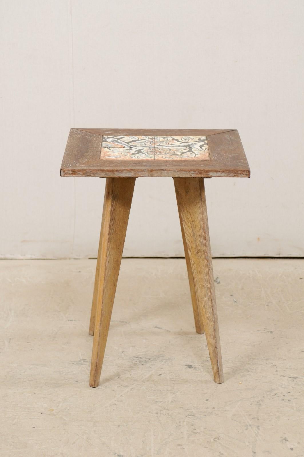 Wood Midcentury Side Table with Painted Tile Top Attributed to Anton Refreiger