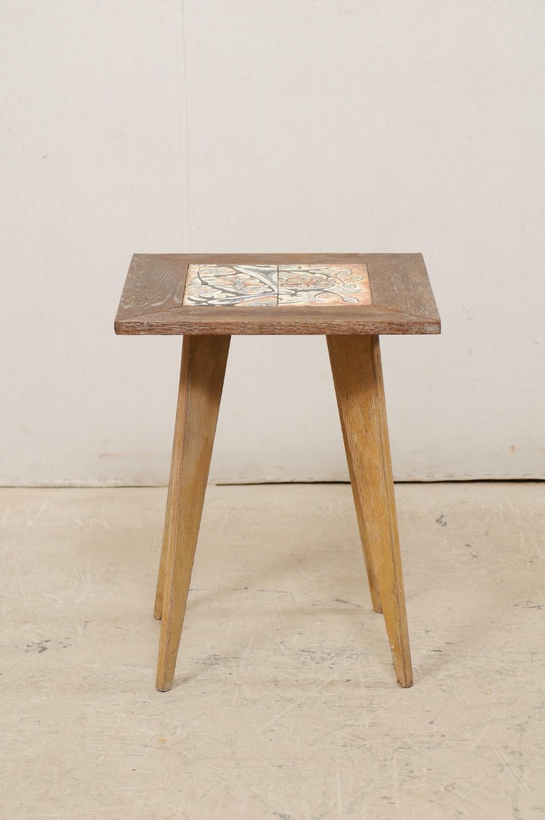 Midcentury Side Table with Painted Tile Top Attributed to Anton Refreiger 1