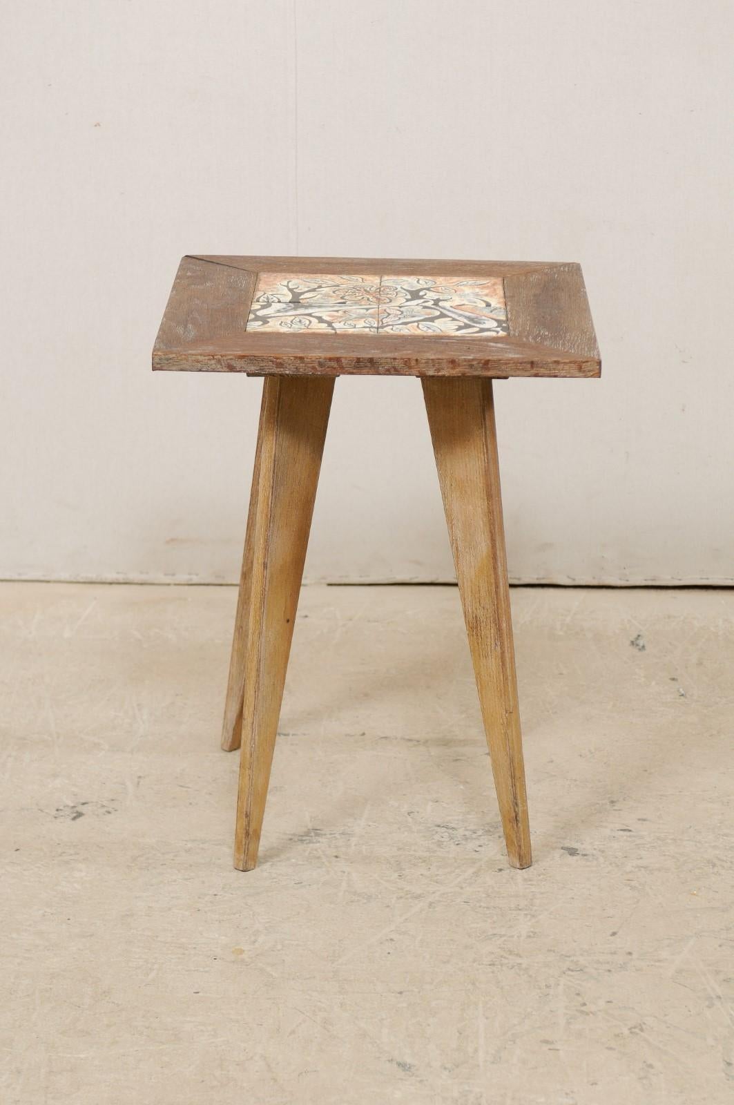 Midcentury Side Table with Painted Tile Top Attributed to Anton Refreiger 2