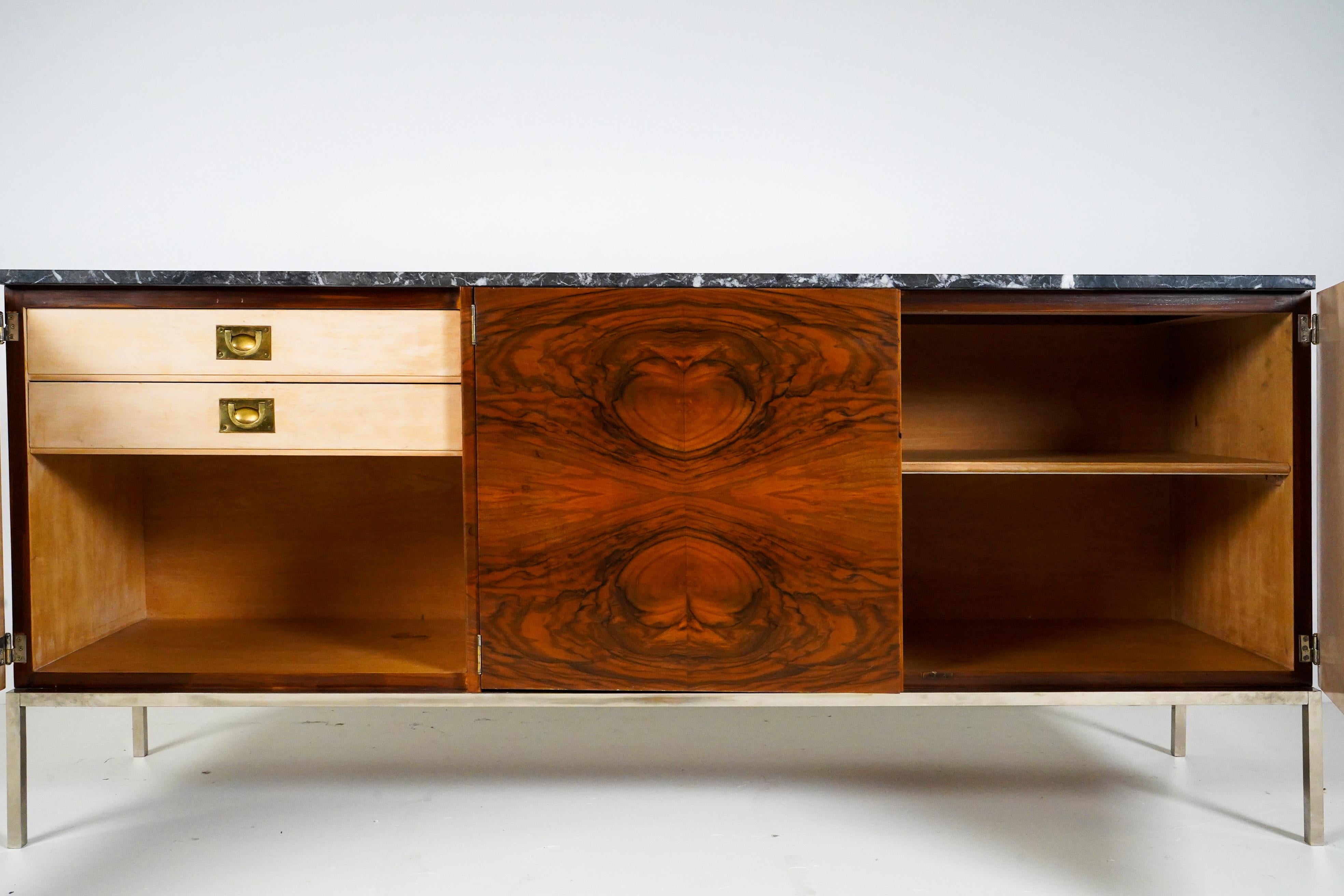 Veneer A Midcentury Sideboard with a Stainless Steel Base and Marble Top  For Sale