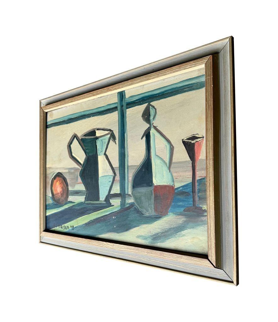 Un bodegón de mediados de siglo pintado por Harry Lennart Persson, 1958, Óleo sobre tabla. en venta 3