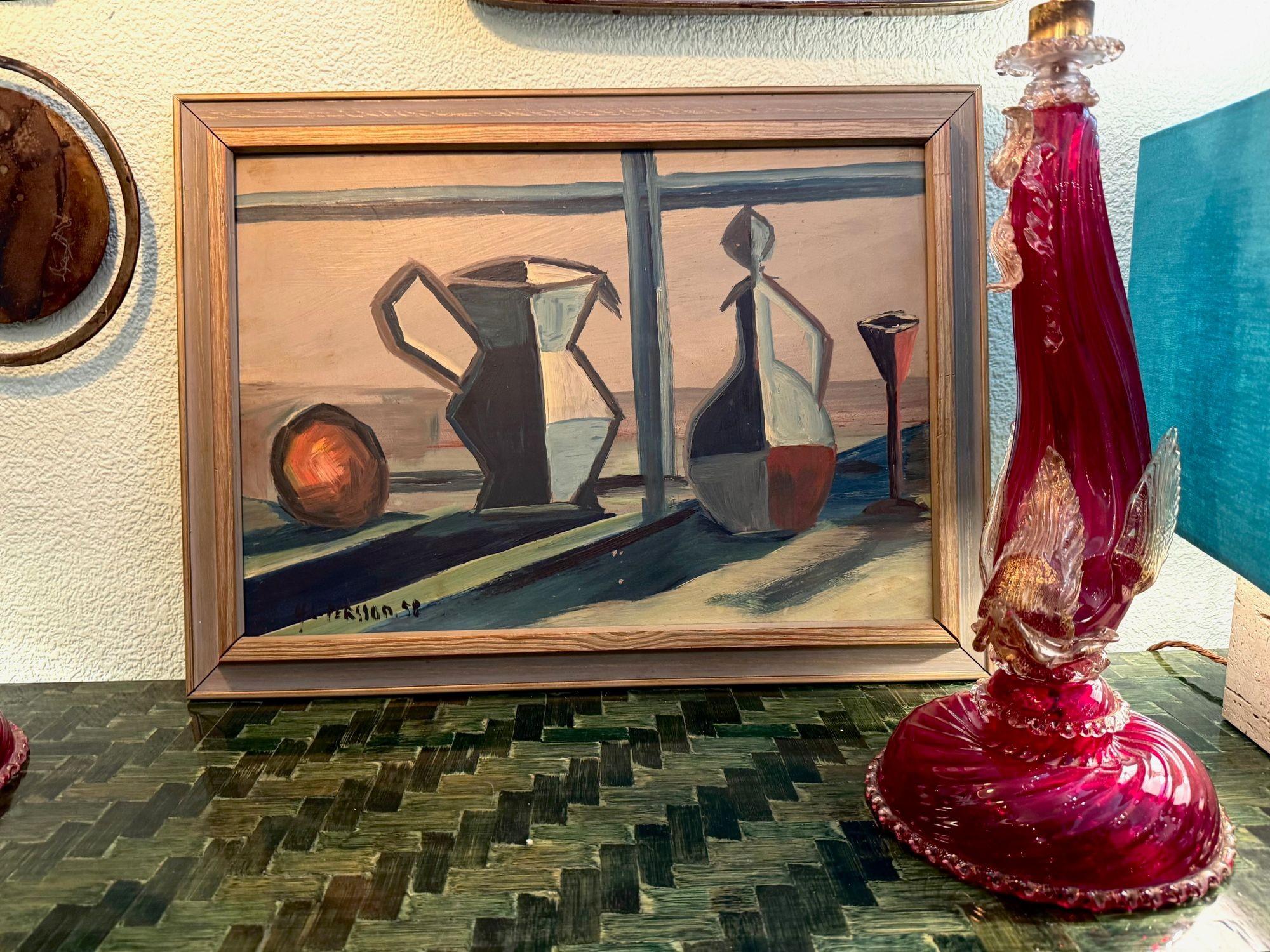 Un bodegón de mediados de siglo pintado por Harry Lennart Persson, 1958, Óleo sobre tabla. en venta 4