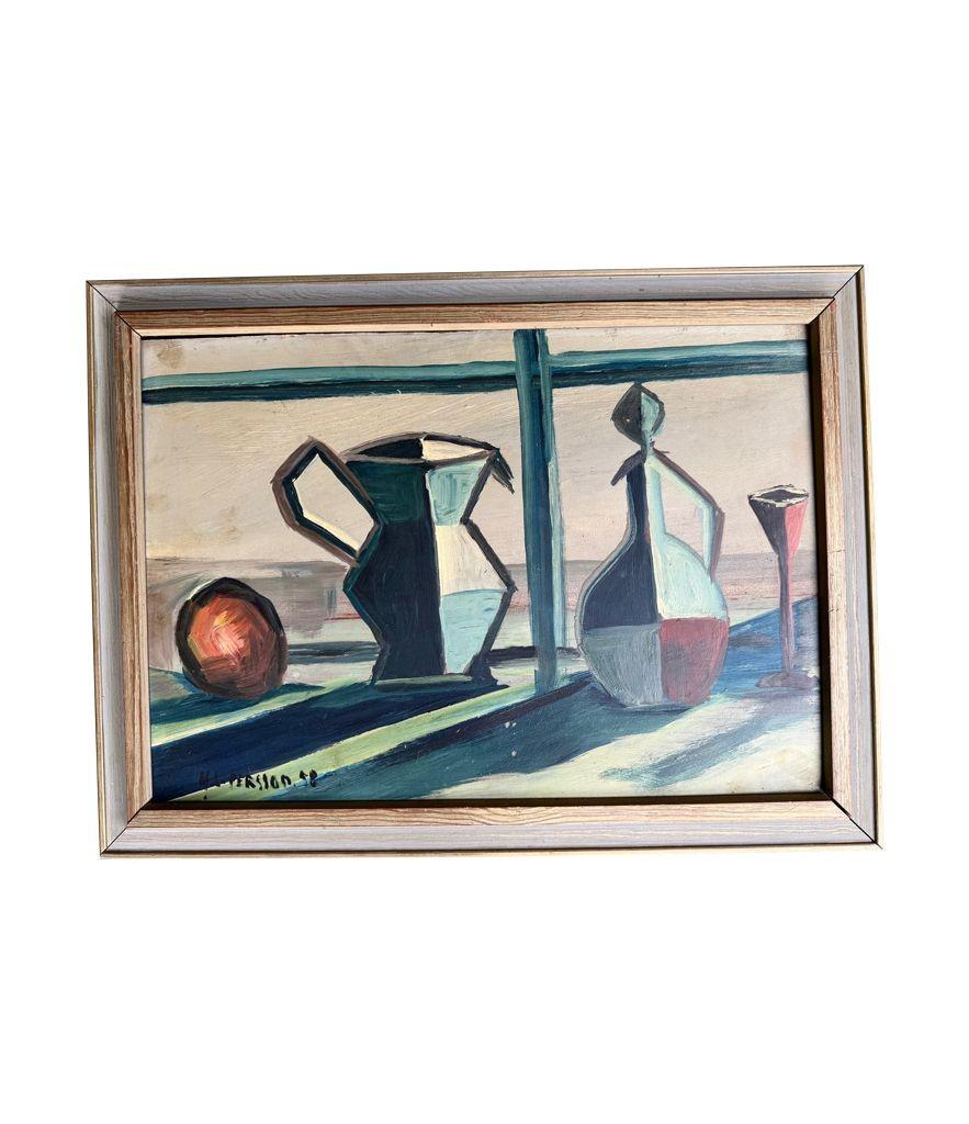 Un bodegón de mediados de siglo pintado por Harry Lennart Persson, 1958, Óleo sobre tabla. en venta 5