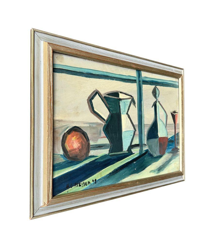 Un bodegón de mediados de siglo pintado por Harry Lennart Persson, 1958, Óleo sobre tabla. en venta 6