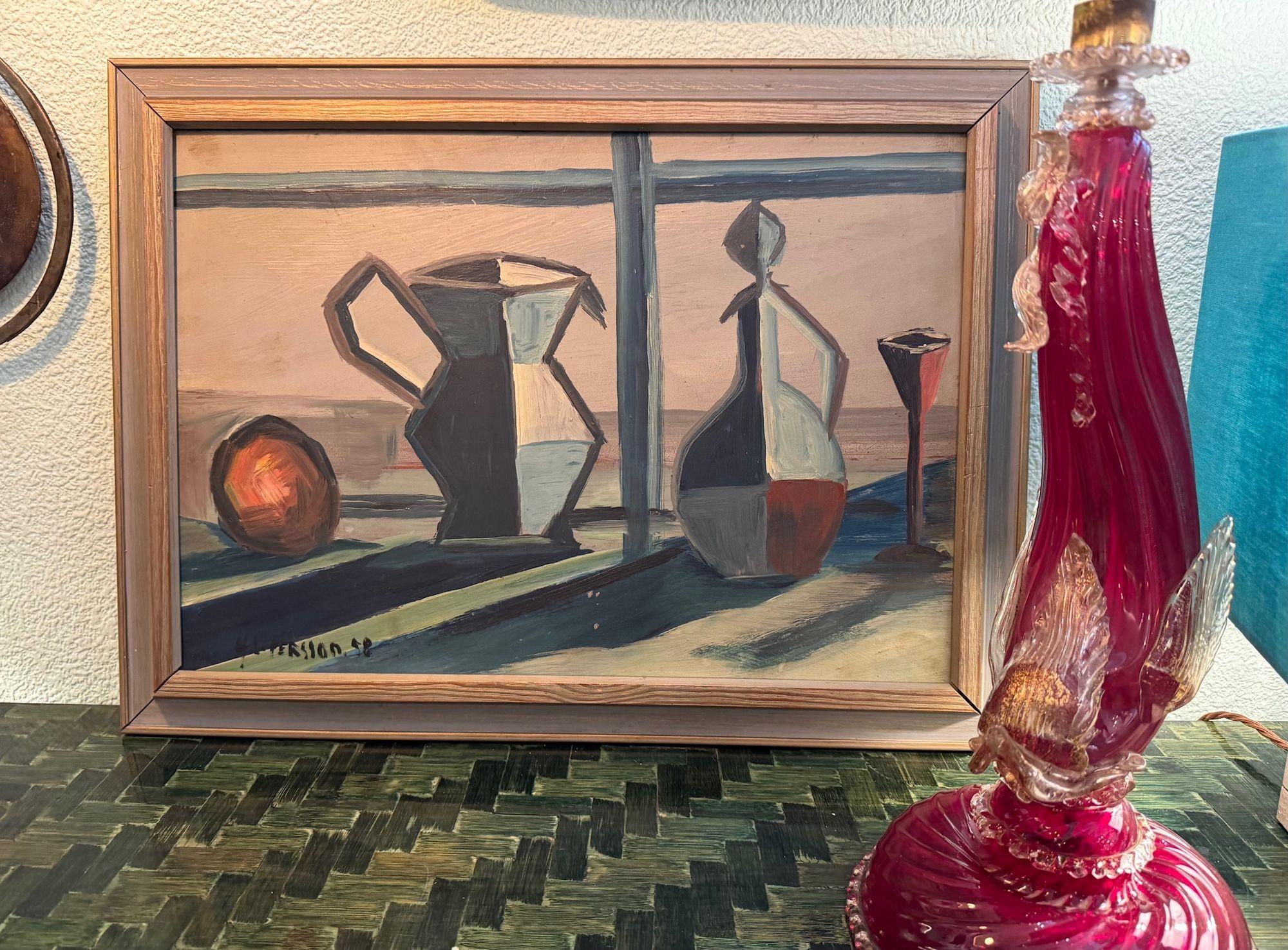 Un bodegón de mediados de siglo pintado por Harry Lennart Persson, 1958, Óleo sobre tabla. en venta 8