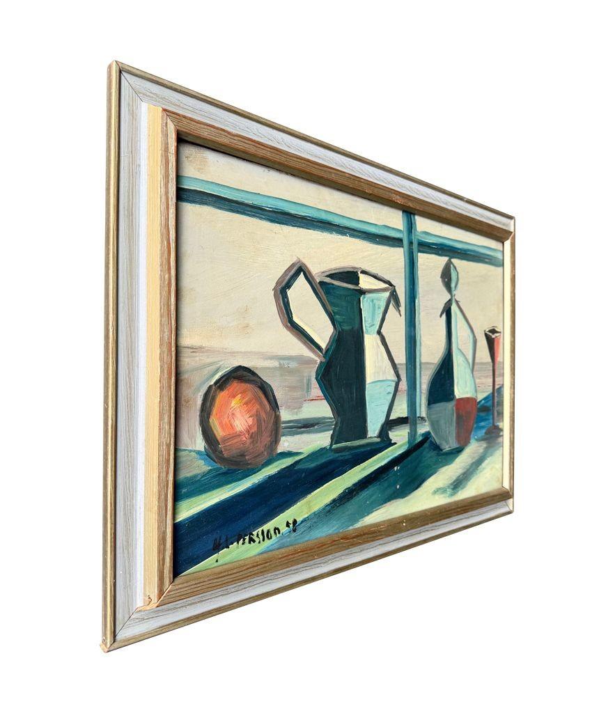 Un bodegón de mediados de siglo pintado por Harry Lennart Persson, 1958, Óleo sobre tabla. Moderno de mediados de siglo en venta
