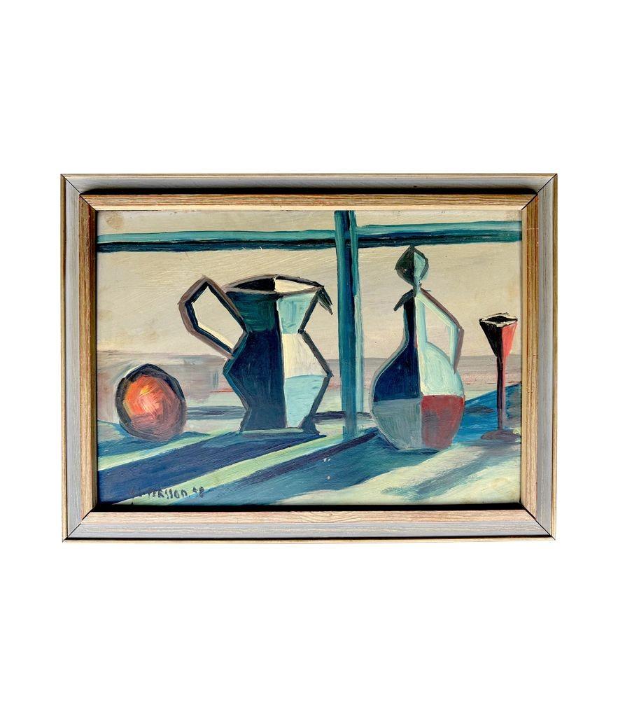 Un bodegón de mediados de siglo pintado por Harry Lennart Persson, 1958, Óleo sobre tabla. Sueco en venta