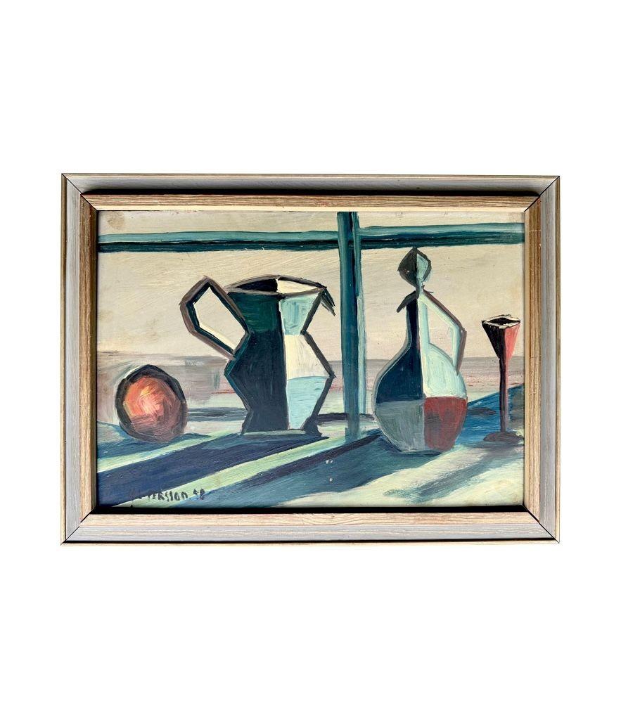 Un bodegón de mediados de siglo pintado por Harry Lennart Persson, 1958, Óleo sobre tabla. Madera en venta