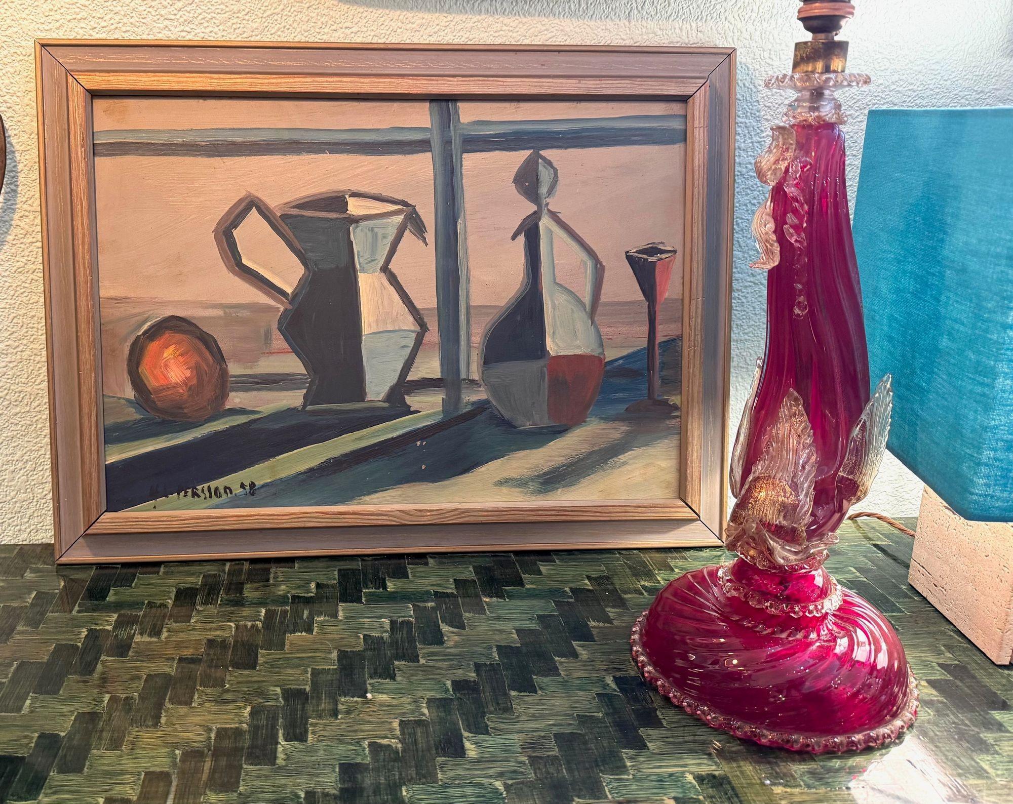 Un bodegón de mediados de siglo pintado por Harry Lennart Persson, 1958, Óleo sobre tabla. en venta 2