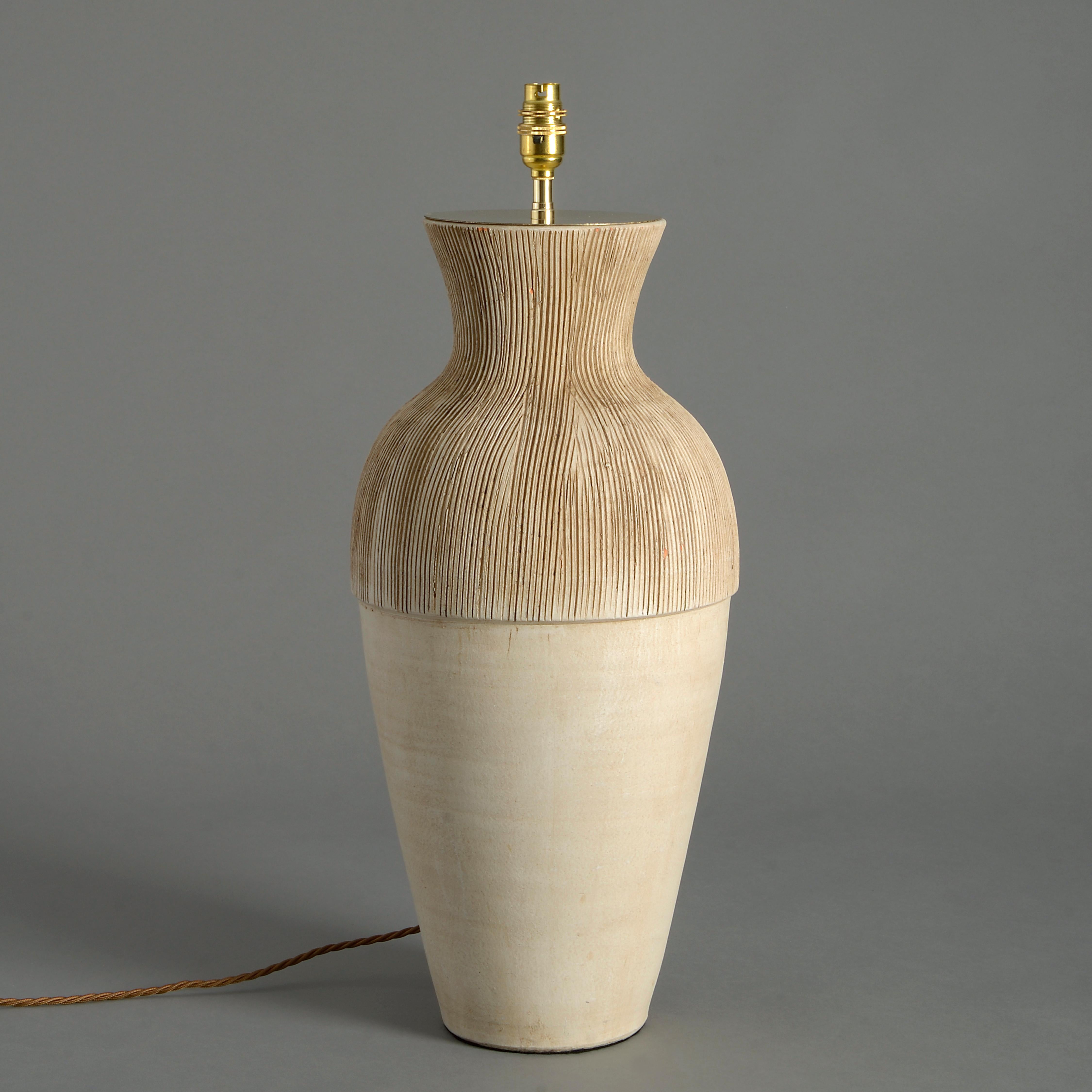 A tall studio pottery ceramic vase of generous proportions, now mounted as a lamp base.