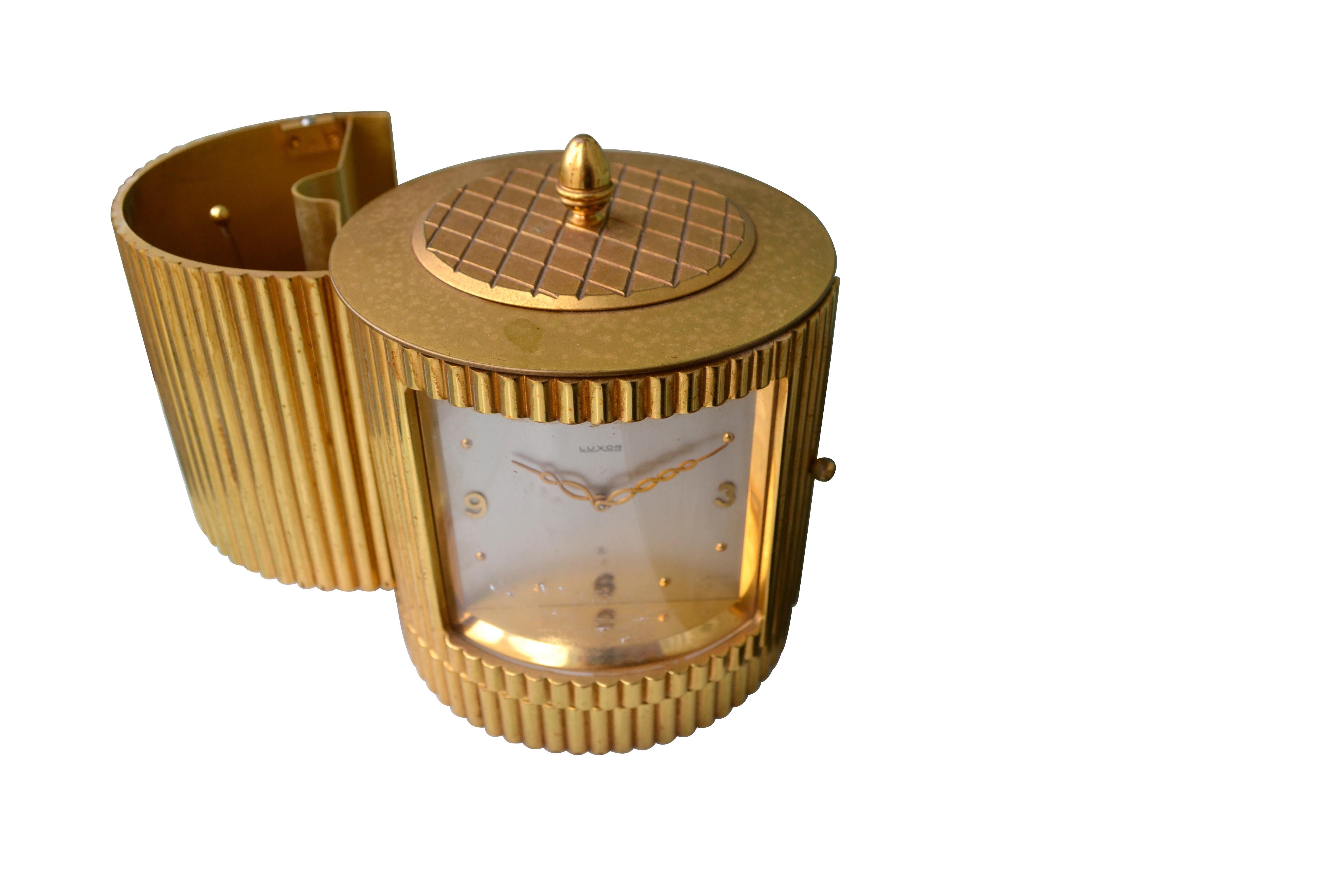 Mid-Century Modern Midcentury Swiss Made Luxor Brass Table Clock and Concealed Cigarette Case