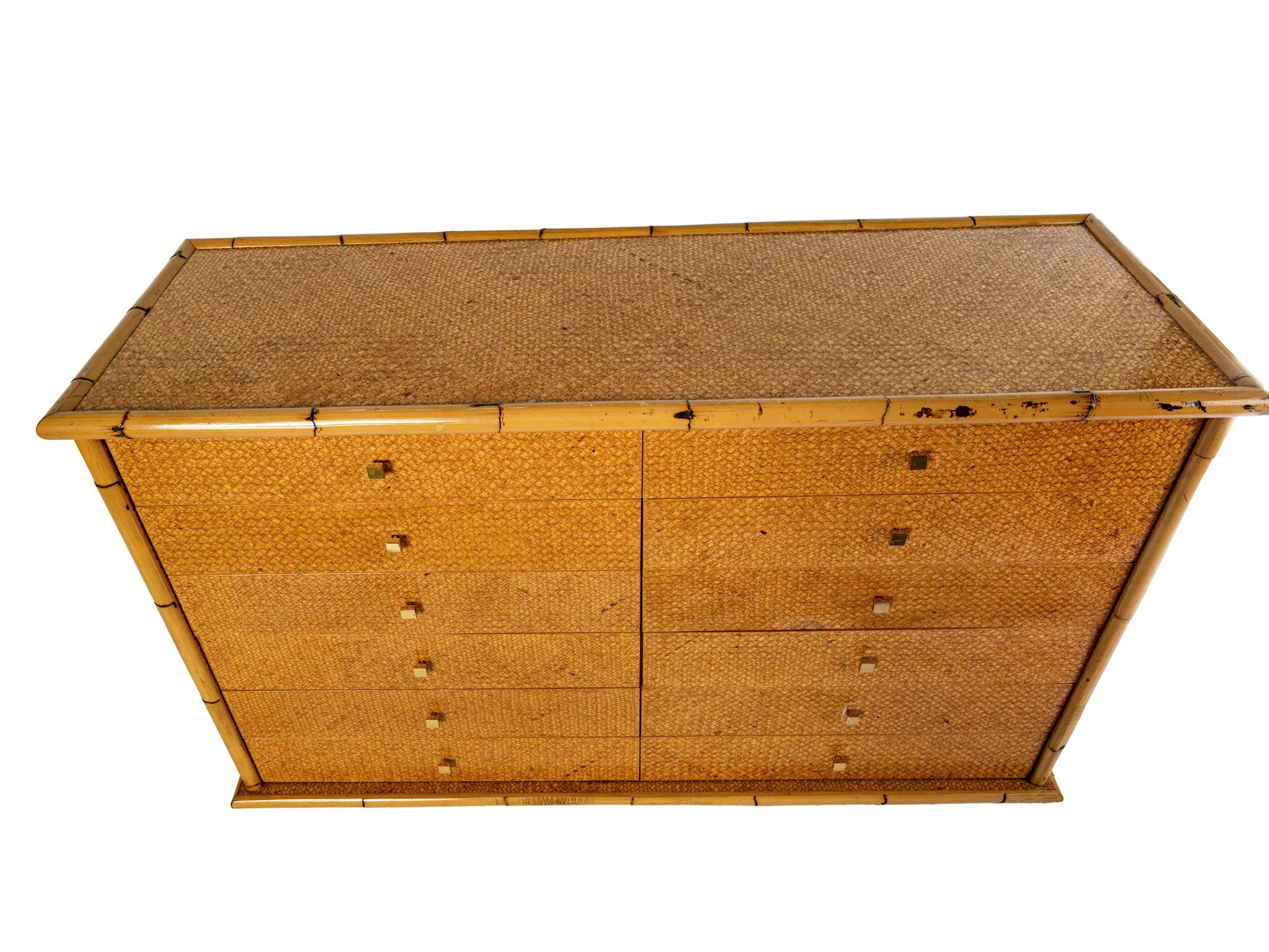 20th Century Mid Century Twelve-Drawer Ratan Sideboard with Brass Knob Handles For Sale